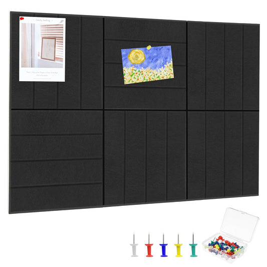 Thboxes Felt Bulletin Board Tiles 36" x 24", 6-Pack Cork Board for Office, Pin Board with 30 Pushpins Cork Boards for Office Decor Walls Organizer Classroom Decor, 40 Adhesive Tabs Included - Black