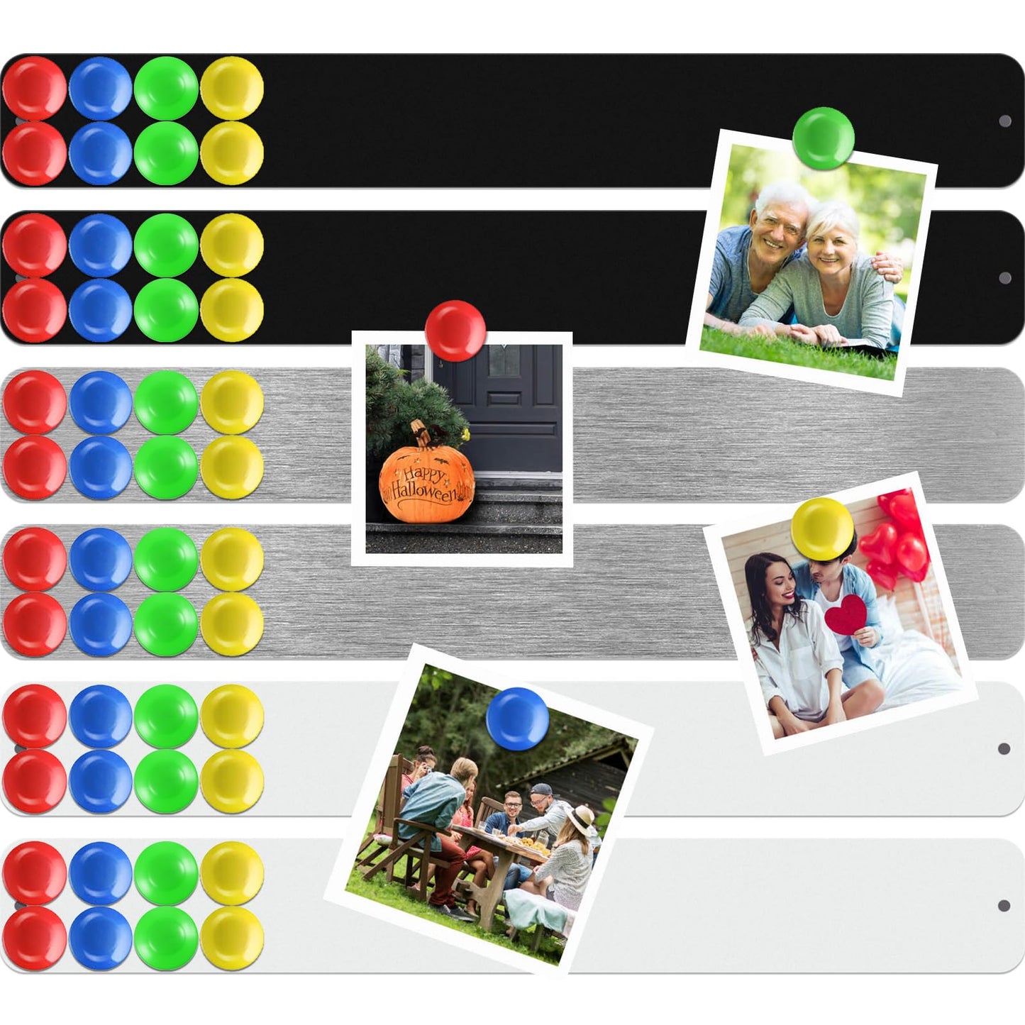 Outus 6 Pcs 15" x 2" Magnetic Wall Strips, Magnetic Bulletin Board Strip Set with 48 Pcs Colorful Magnets, Metal Display Board for Office Home Notes Photos(Silver, Black, White)