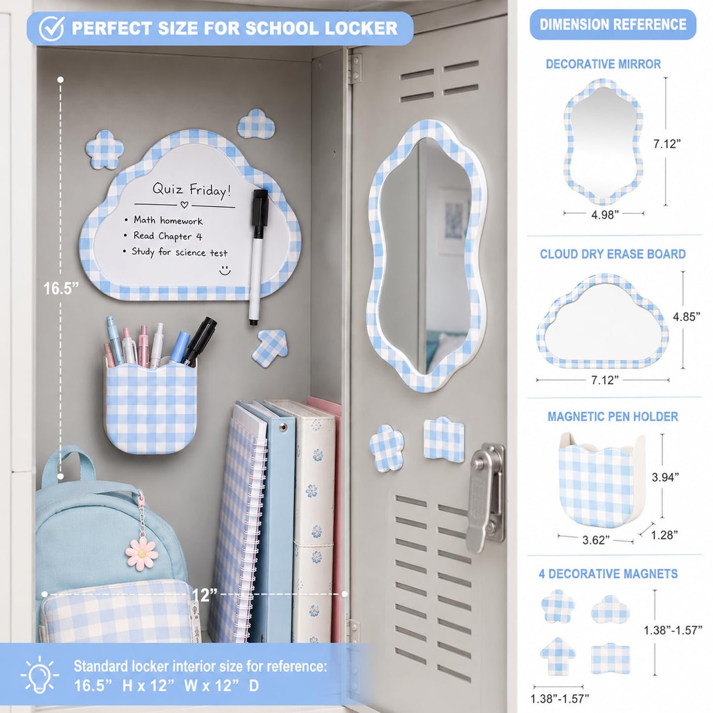 Svartur Magnetic Locker Accessories Set - Locker Mirror, Dry Erase Whiteboard, Magnetic Pen Holder & Cute Magnets, Aesthetic School Locker Decor for Girls, Locker Organizer Kit, Blue