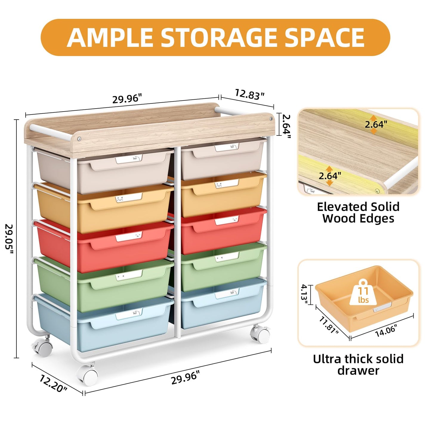 10 Drawers Rolling Cart with Wooden Tabletop, Utility Storage Cart with Wheels, Art Supply Craft Organizer on Wheel with Metal Frame & Handles for Home Office School,Colorful