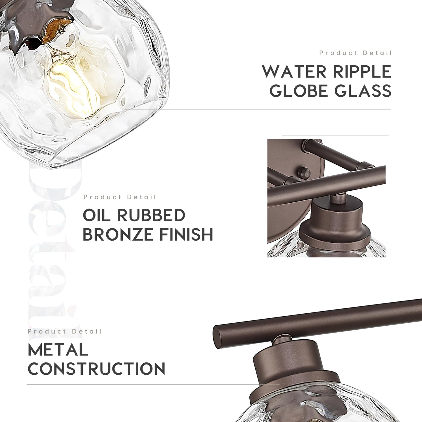 Emliviar 3-Light Bathroom Vanity Light, Water Ripple Globe Glass, Oil Rubbed Bronze Finish, Model YE295B, 25 Inch