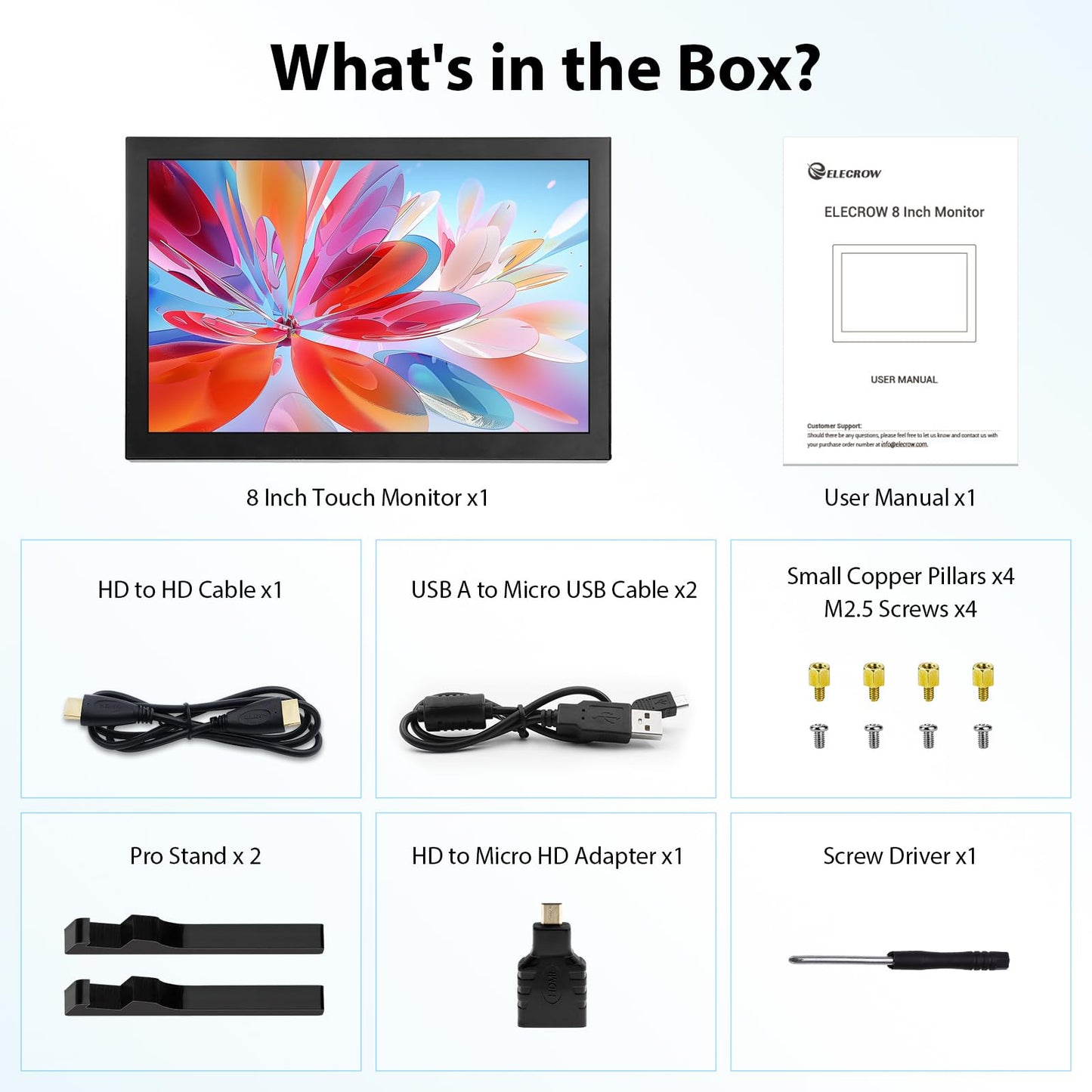 ELECROW 8 Inch Touchscreen Monitor, 1280x800 IPS LCD HD Display with Stand, Portable Capacitive Touch Screen Compatible for Raspberry Pi 3/4/5, Win 11/10/8/7, Jetson Nano, laptops, Game Consoles
