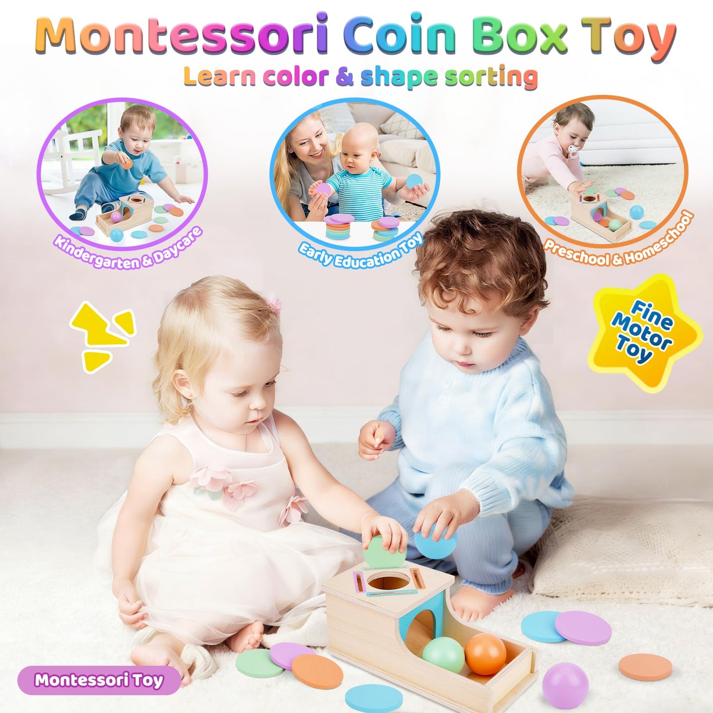 FCSONU Toddlers Montessori Coin Box Toys for 1 2 3 Year Old Boys Girls, Object Permanence Box Ball Drop Toy, Learning Sorting Sensory Toys for Ages 2-3 Kids, 1st Birthday Gifts for Baby 12-18 Months