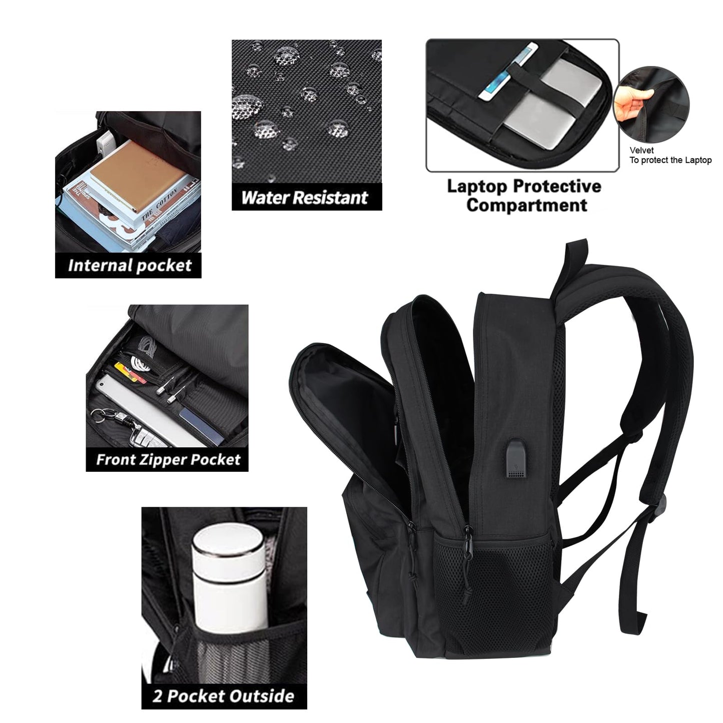 KEOFID Travel backpack for Men and Women, Anti Theft Laptop Backpack with USB Charging Port for Work, Large Bag for College, Carry-on Backpack with Luggage Strap, Water Resistent(Black)
