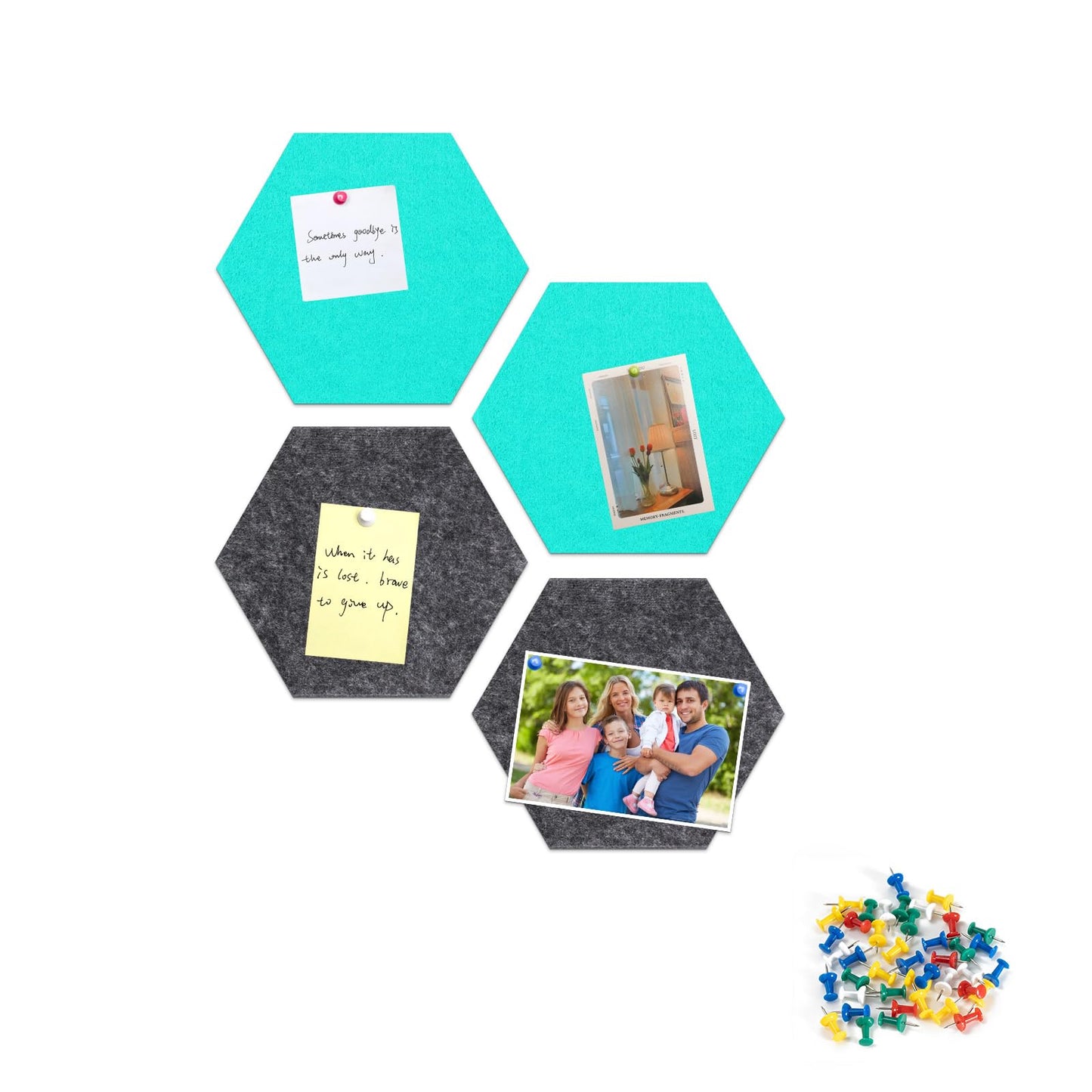 Uoisaiko 4 Pack Hexagon Felt Bulletin Board Tiles - 12" Large Thick Pin Board for Walls with 30 Push Pins, DIY Boards for Office Home School Decor, Aesthetic Hex Cork Board Alternative