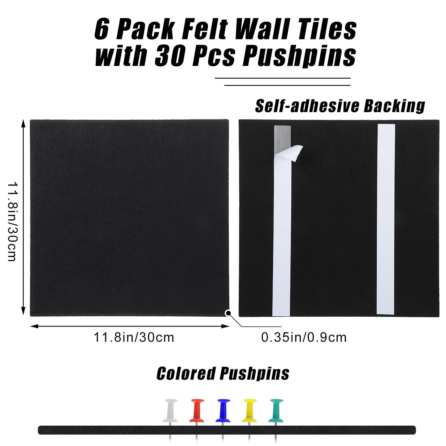 Large Cork Board 36" x 24", 6 Pack Felt Bulletin Board with 30 Pushpins, Cork Boards Alternative with Self-Adhesive Strips, Felt Wall Tiles Pin Boards for Walls Office Home School Decor-Black