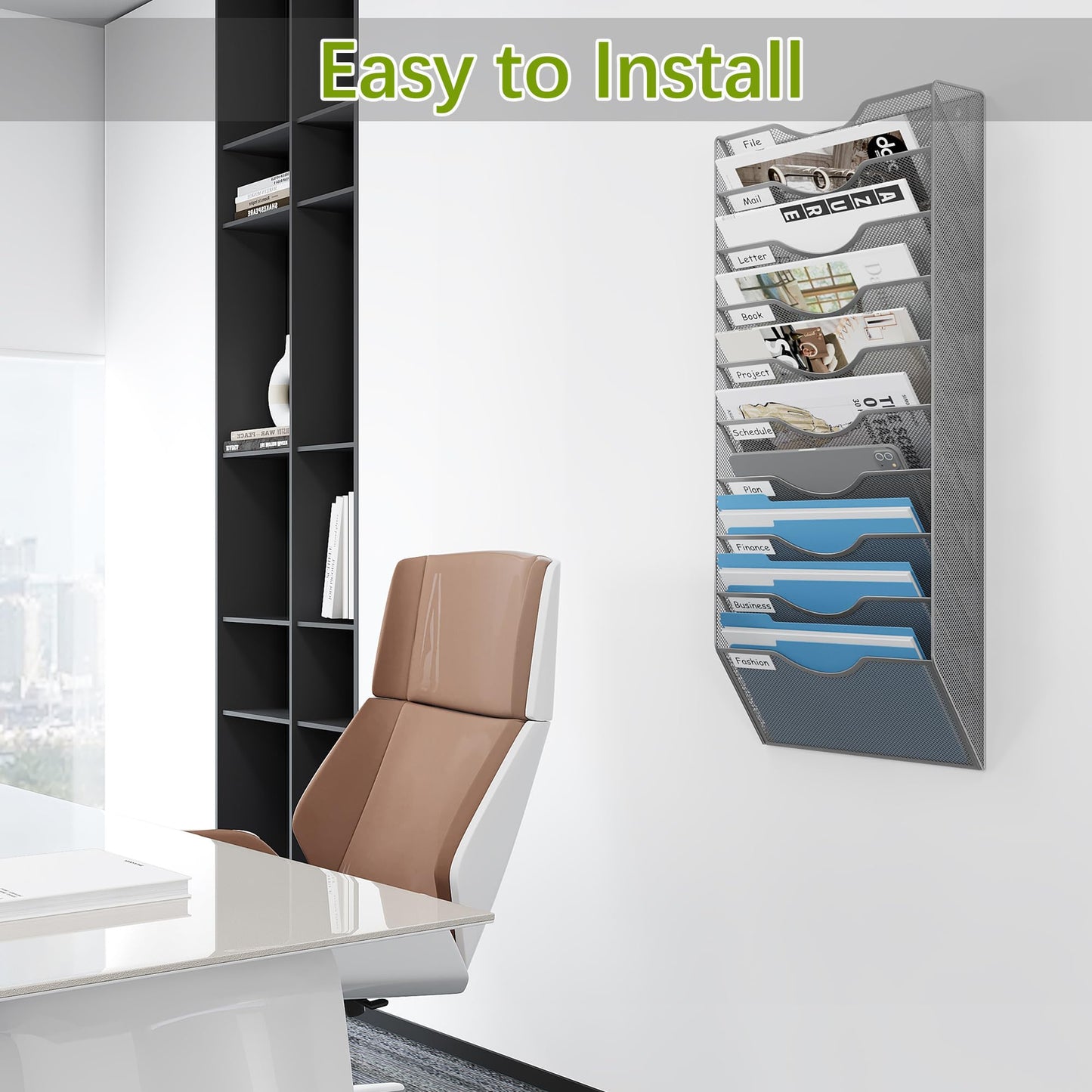 EasyPAG 10 Pocket Mesh Wall File Organizer, Hanging Paper Folder Holder with Classify Label, Vertical Wall Mount Mail Organizer for Office Home Classroom, Silver