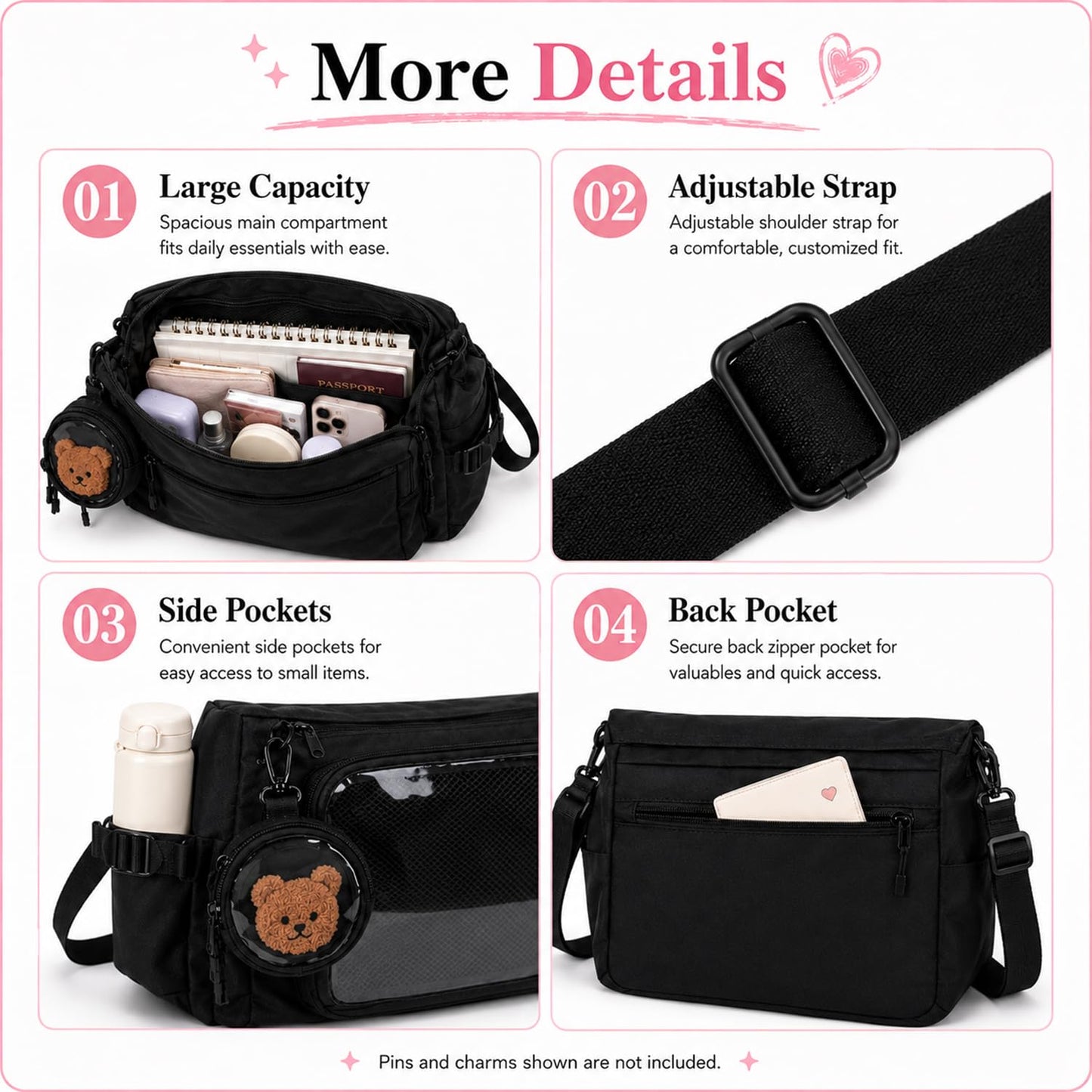 Inshere Ita Crossbody Bag, Nylon Messenger Bag with Clear Display Window and Detachable Pin Display Bag, Kawaii Shoulder Purse with Multiple Pockets, Black