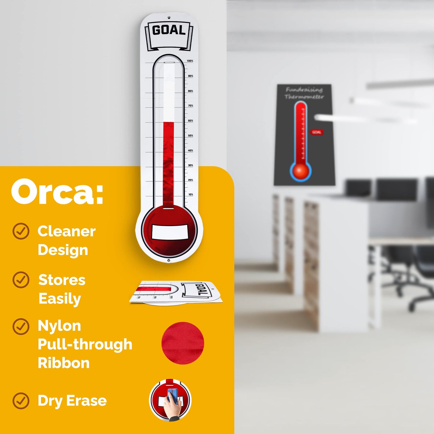Fundraising Thermometer Chart Goal Tracker | Dry Erase Goal Setting Wall Mounted Thermometer | Giant Sales Goal Board with Pull-Through Ribbon Progress Tracker (46” x 12”) by ORCA