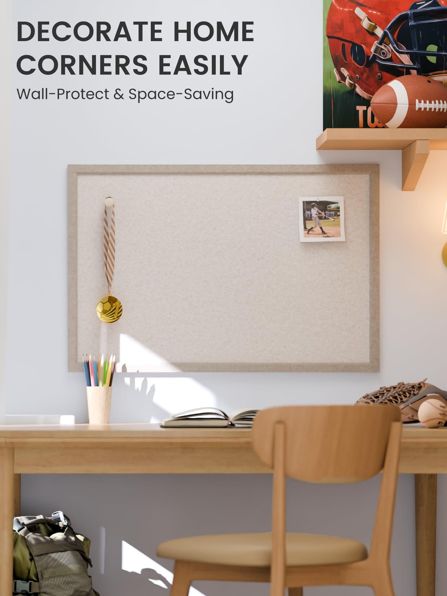 Fluxynara Foldable Cork Board Alternative, Felt Bulletin Board 35.4" x 23.6" Deep Camel Frame with 24 Adhesive Tabs, Pin Board for Home Office, Classroom, Entryway, Kitchen Wall Decor—Oatmeal