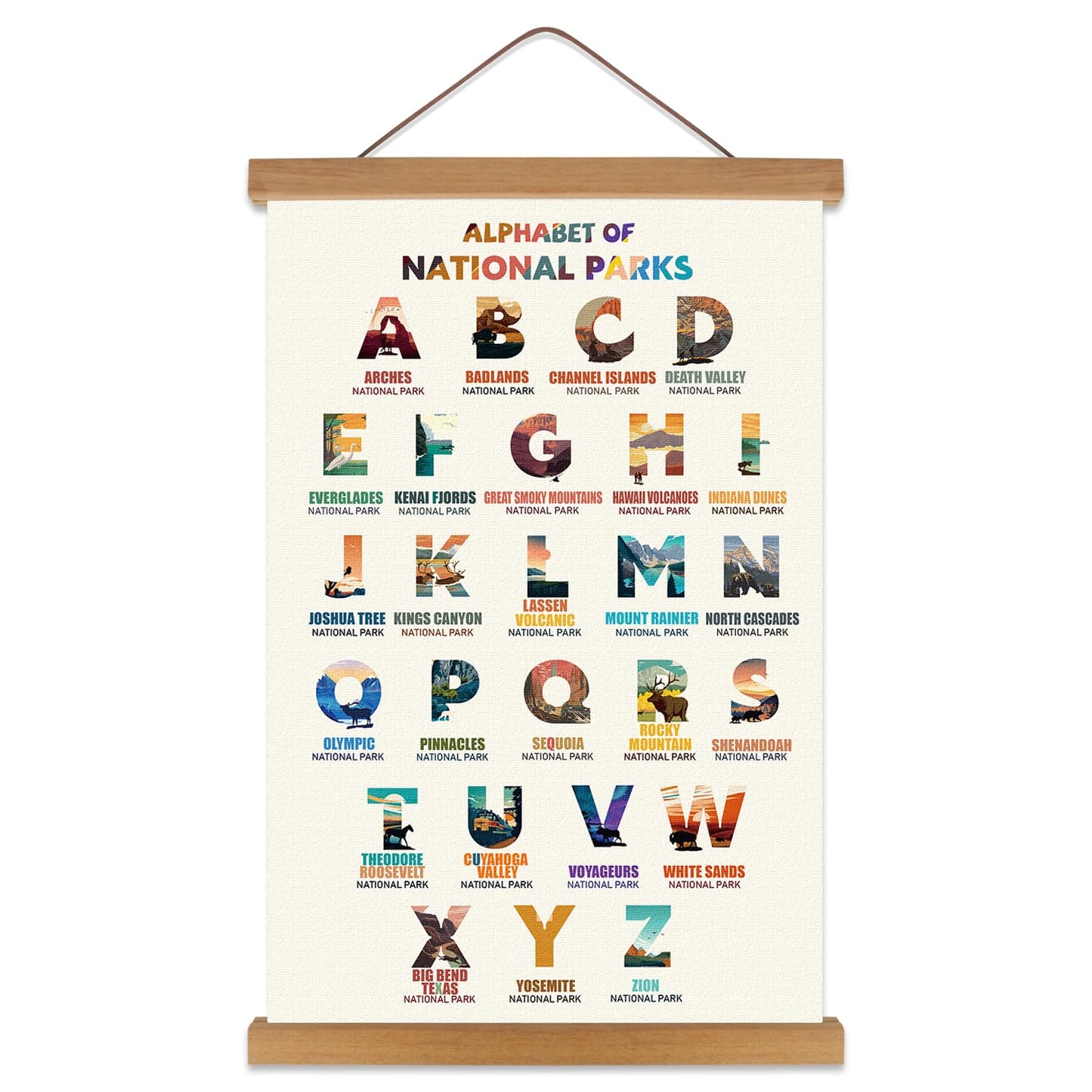 KAIRNE National Parks ABC Poster,Nature Scenery Alphabet Canvas Art Print,Travel Themed Wall Decor with Wood Magnetic Hanging Decoration(35X56CM) Alphabet of National Parks for Traveler Room Decor