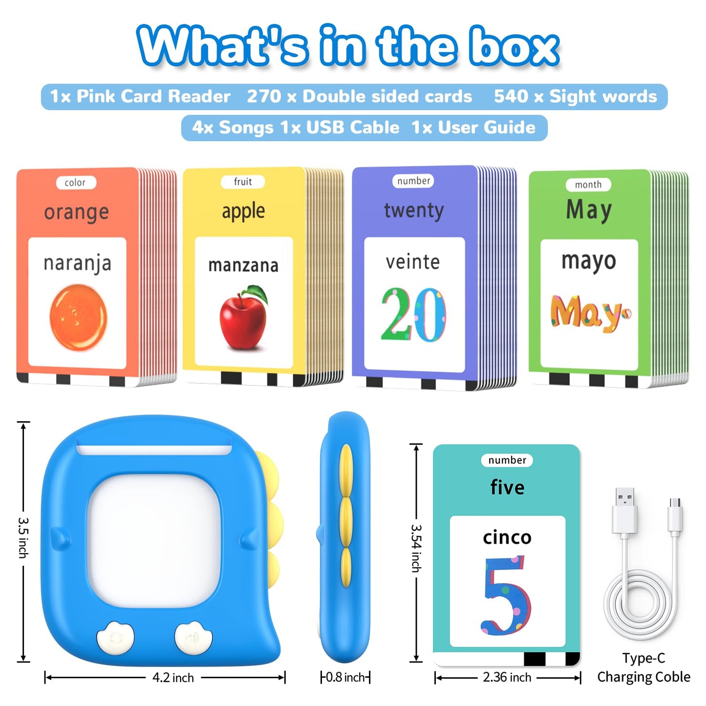 Kidzdo 520 Bilingual Spanish English Talking Flash Cards, Birthday Gifts Easter Present for 2 3 4 5 6 Year Old Boys and Girls, Pocket Speech Therapy Toys, Portable Toddlers Toys, Blue