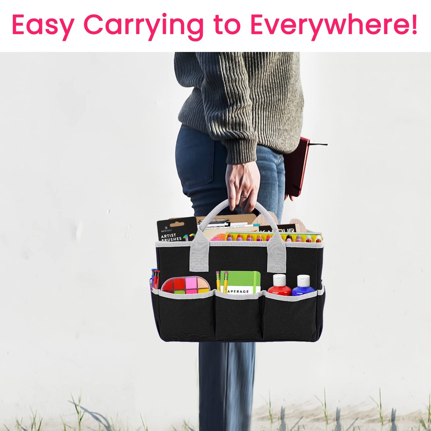 Godery Desktop Tote and Stock Organizer, Teacher Helper Tote Bag Organization for Arts, Books, Stationery, Office Desk Organizer, Make-up Storage Tote with Handles for Travel, Black-Gray