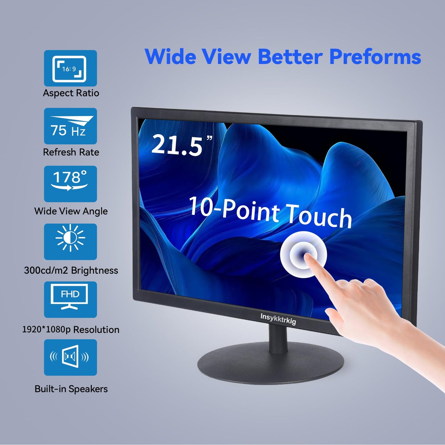 Insykktrkig Touchscreen Monitor 21.5" FHD 1080P Multi-Touch Screen HDMI VGA Type-B Dual Speakers,75Hz,VESA,Brightness 300cd/m²,Tilt Adjust,PC Office Laptop Business Computer Desktop Touch Display