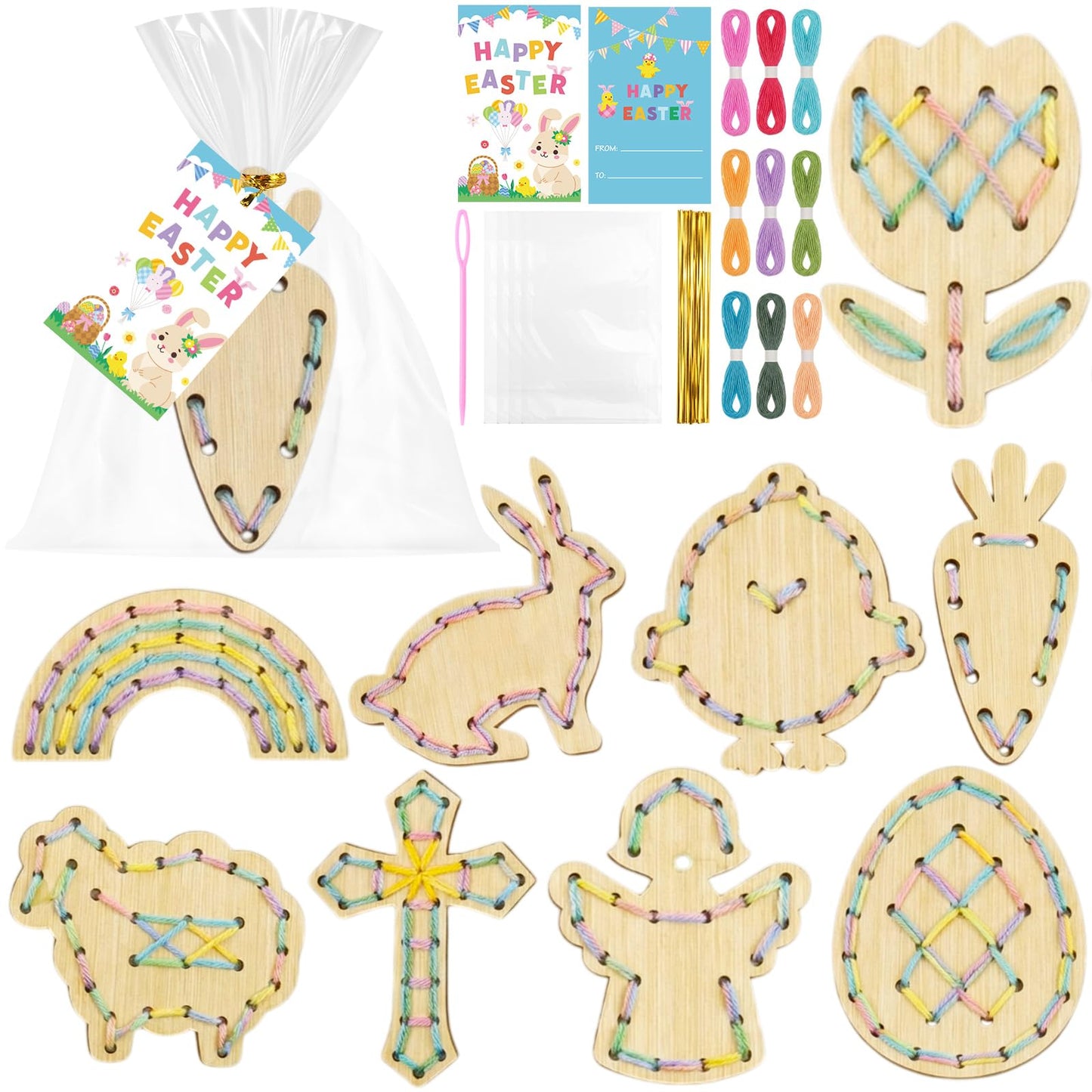 Capoda 18 Sets Easter Crafts for Kids Wooden Lacing Card Toys Easter Basket Stuffers Spring Basket Essentials with Colorful Threads for Girls Boys Spring Craft Activities Craft Kits Sewing