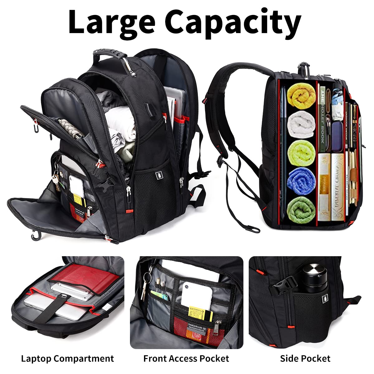 SHRRADOO Extra Large 50L Travel Laptop Backpack with combination lock, College Backpack Airline Approved Business Work Bag Fit 17 Inch Laptops for Men Women,Black