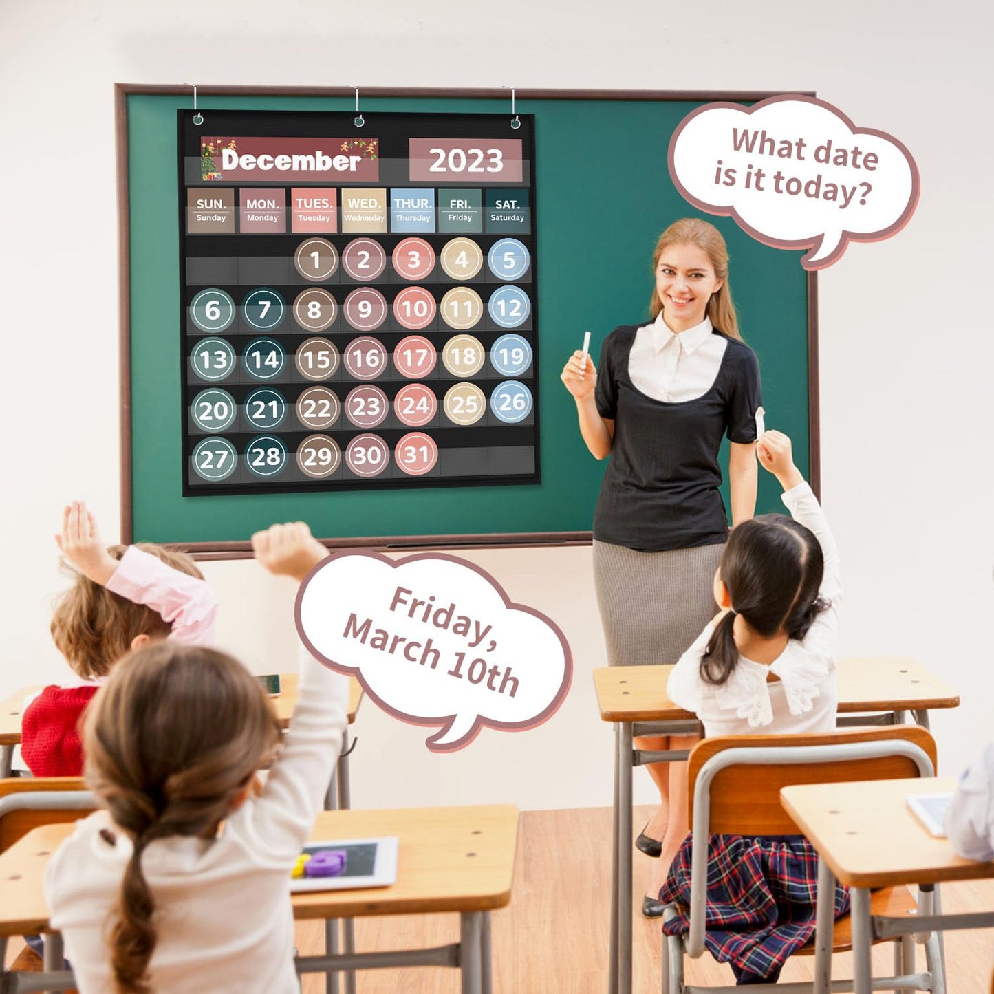 Monthly Calendar Pocket Chart for Classroom, Printed Days of The Week with Cards, Learning for Home or Kindergarten, Teacher Must Have Supplies That Fits Any School Décor (Black)