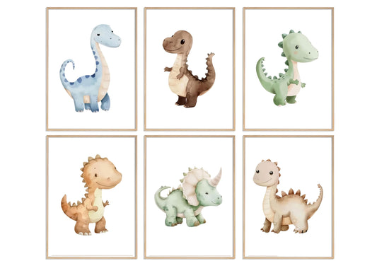 ELESFEK 6Pcs Dinosaur Nursery Wall Art Kids Room Canvas Poster Toddler Baby Watercolor Dino Wall Decor Dinosaur Painting Prints Cute Dino Pictures for Nursery Bedroom Boy Playroom Unframed