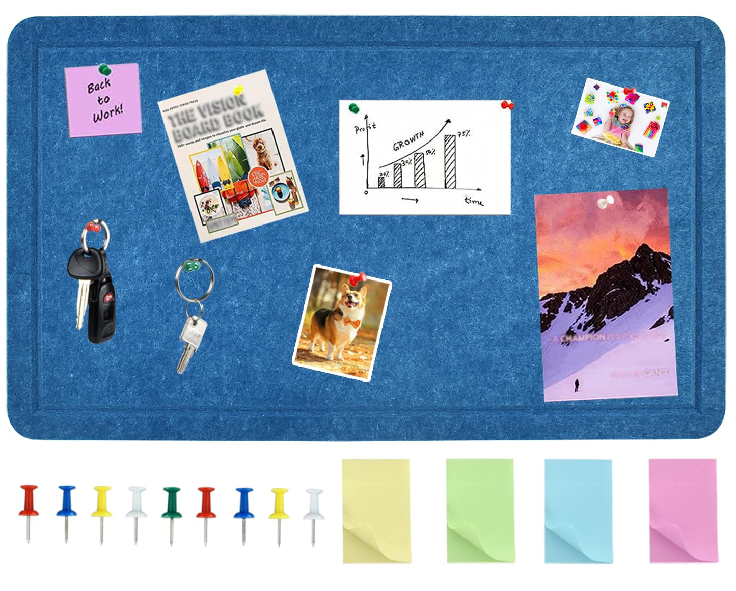 Vuzvuv Dark Blue 28"x16" Large Cork Board with 50 Push Pins & Sticky Notes, Self-Adhesive Bulletin Board for Wall, Felt Pin Vision Board for Paste Notes,Schedules Offices Home