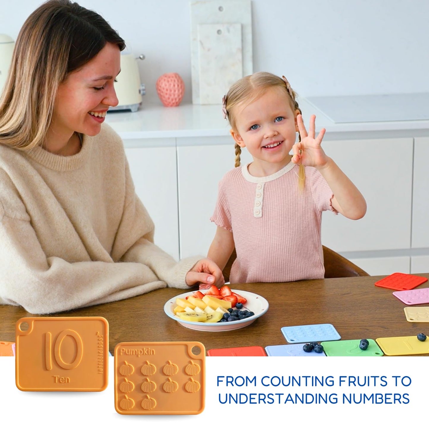 INTELLIKIDDOS Sili123s Number Flash Cards, Non-Toxic Silicone Number Flash Cards for Toddlers 1-3, Montessori Sensory Fruits Counters Math Manipulatives Flashcards, Dishwasher Safe Baby Cards