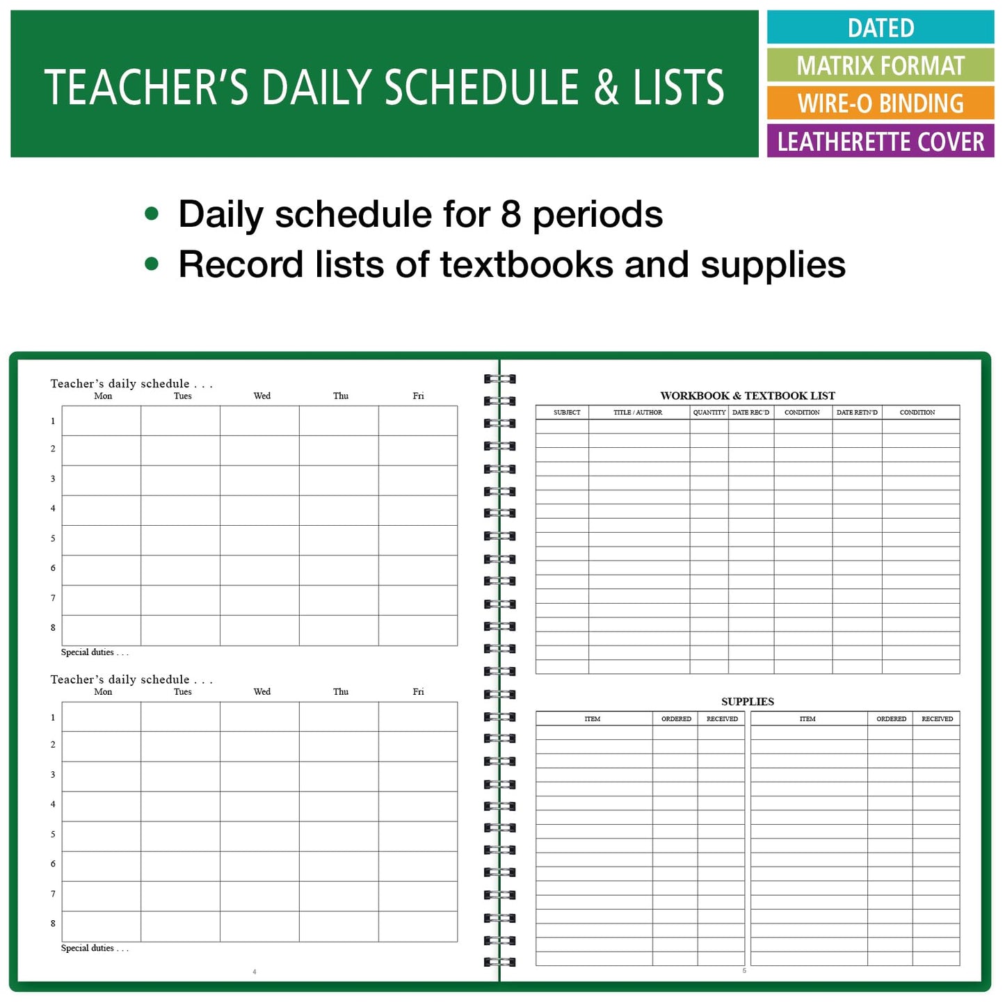 Elan Publishing Company Dated Teacher Lesson Plan 7 Period: Days Horizontally Across The Top Dated for 2026-2027 Academic Year (Green)