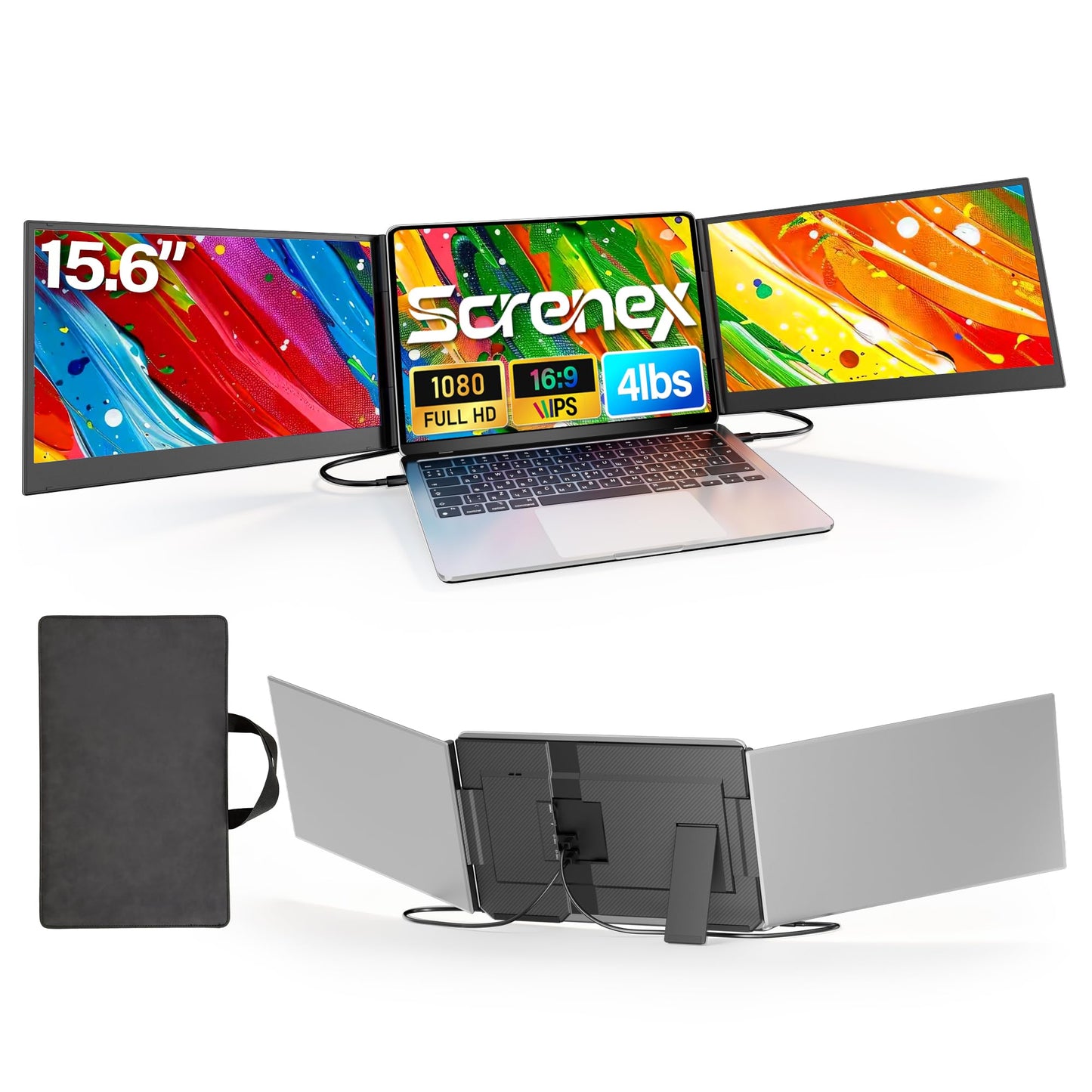 Screnex 15.6" Laptop Screen Extender New Upgraded Ultra-Thin & Light, Triple Portable Monitor 1080P FHD IPS, USB-C/HDMI Plug & Play for 13-17.3" Laptop, Travel Monitor Extender for Windows/Mac/Chrome