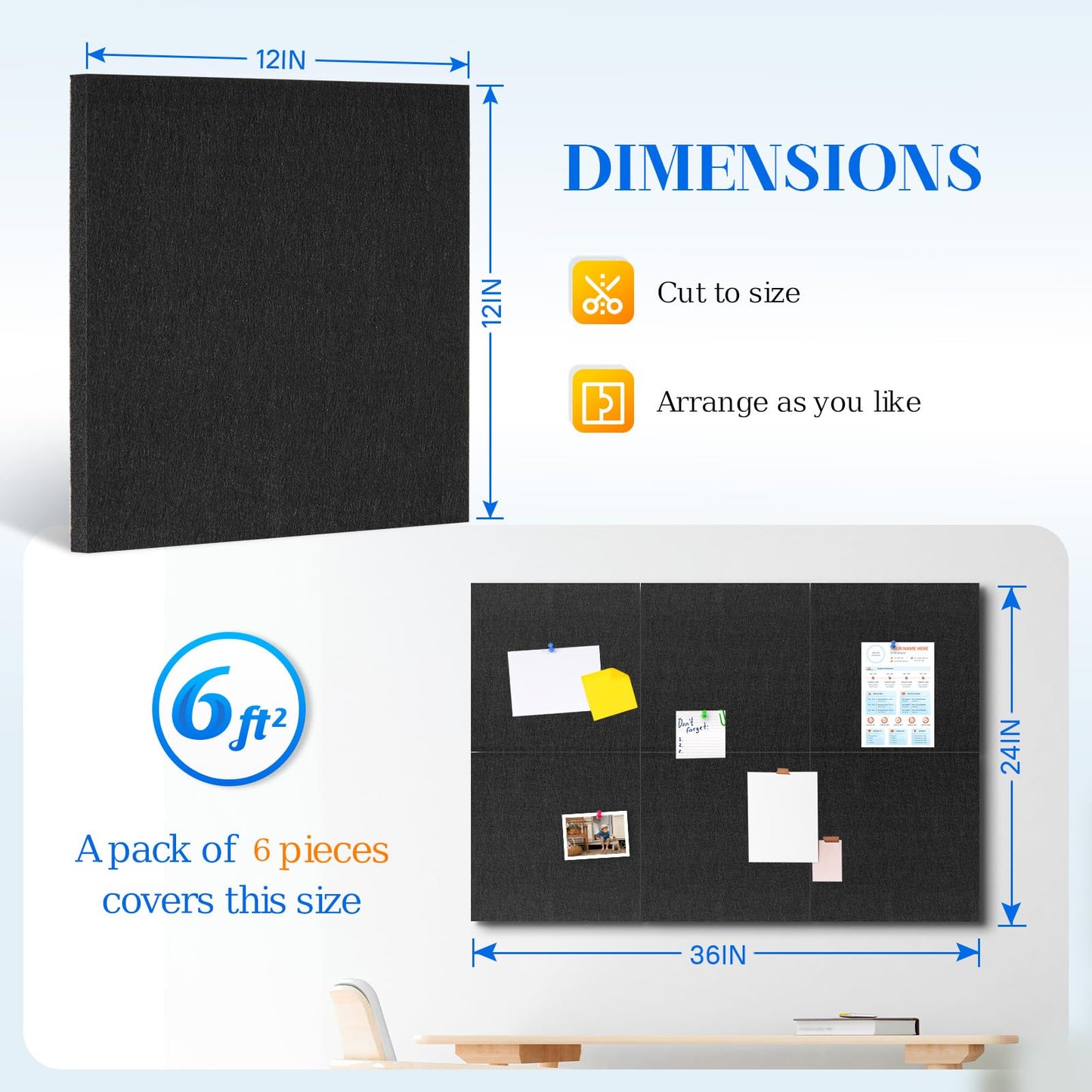 DOLLAR BOSS Felt Cork Board Tiles, 6 Packs 12" x 12" 1/2" Thick Cork Bulletin Board Self Adhesive Acoustic Panels Soundproof Corkboards for Walls with 60 Pushpins for Home Office Kitchen School, Black