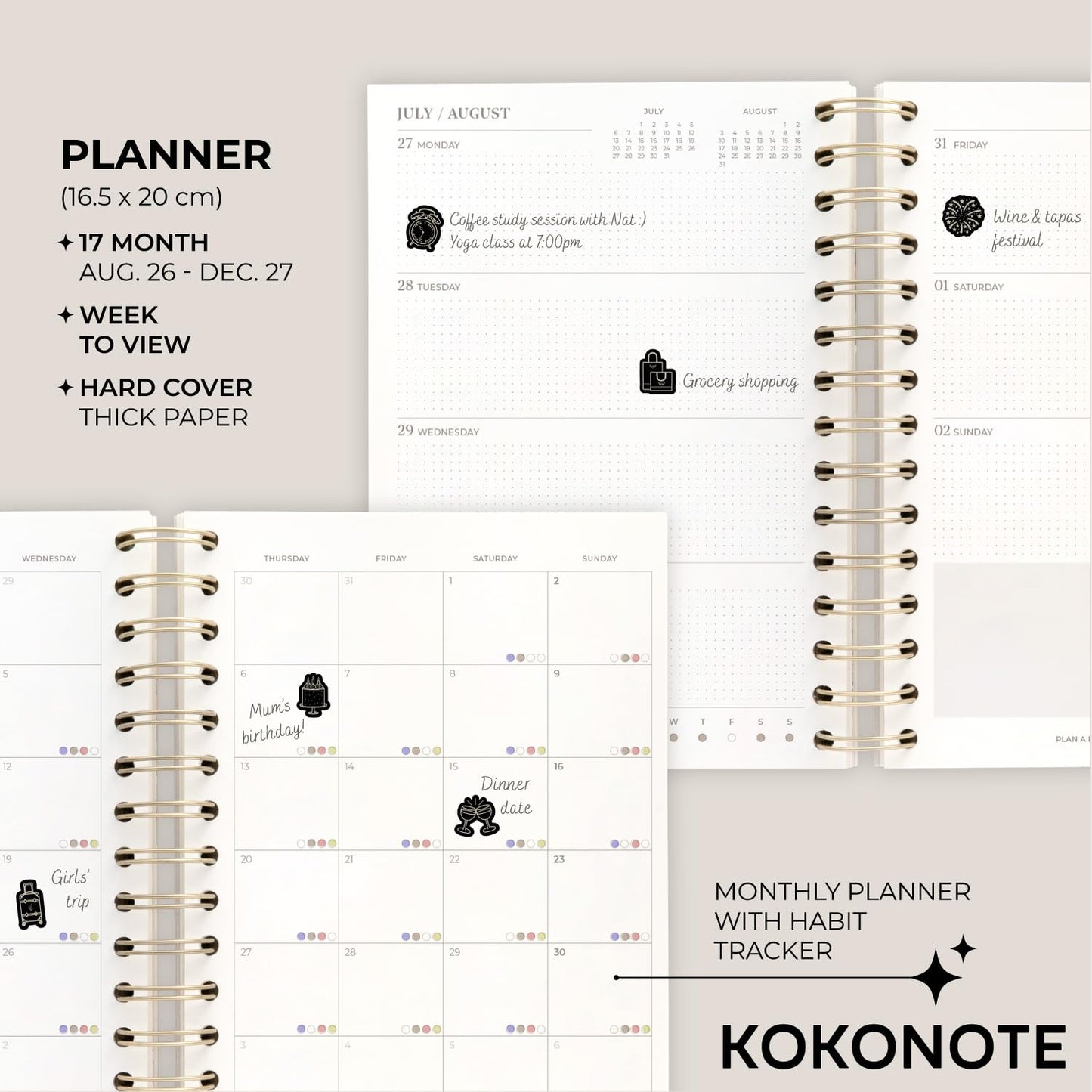 KOKONOTE Planner 2026-2027 Hokusai - Planner for Women 17 Month (Aug 26/ Dec 27) | Weekly & Monthly Academic Planner 2026-2027 | 6.4" x 7.9" | Hardcover Agenda 2026 | Thick paper 120 g/m²
