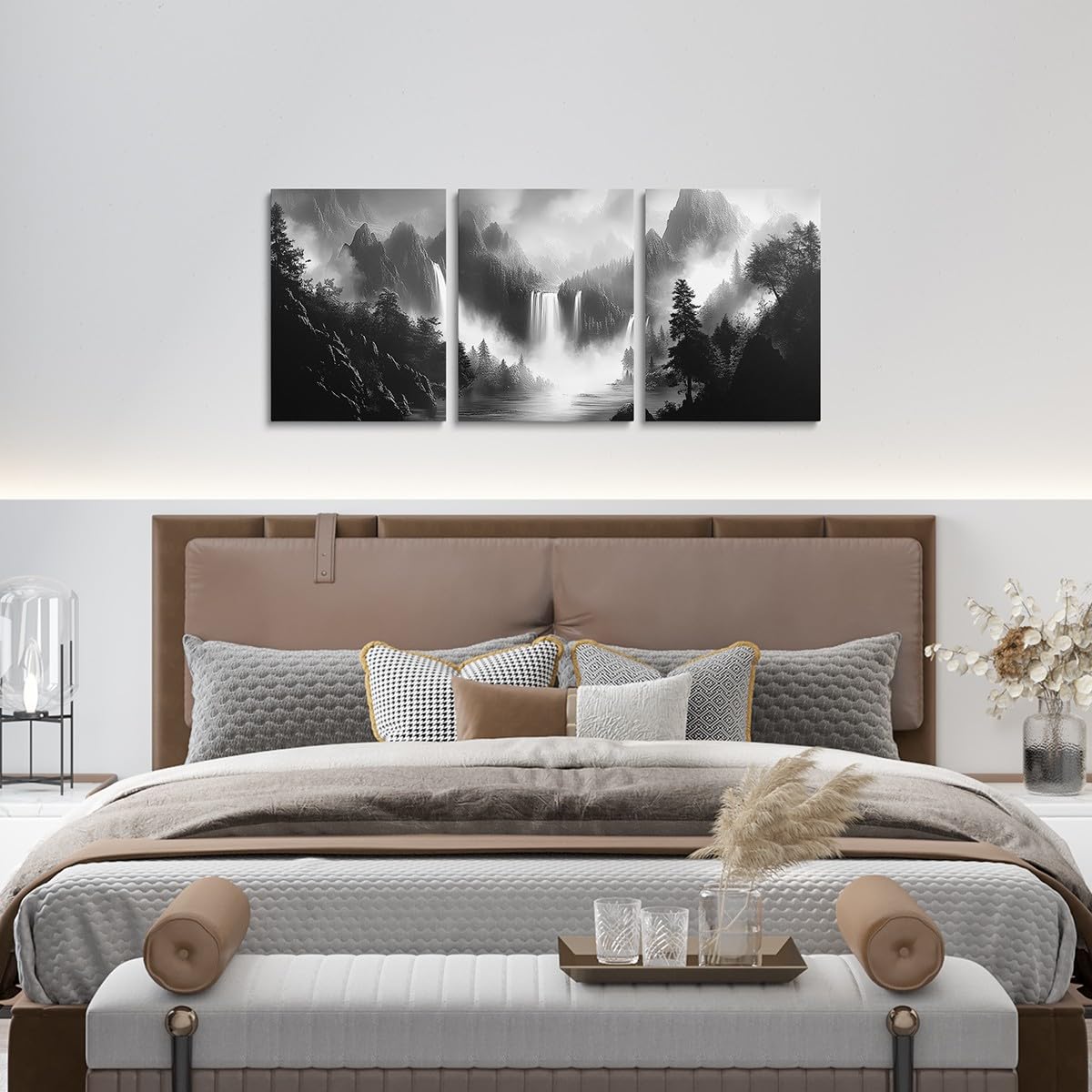 jejeloiu Smoky Mountain Canvas Wall Art for Living Room Bedroom 12"x16"x3pcs Black White Picture Wall Decor for Bathroom Waterfall Tree Office Decorations Artwork Posters Nature Scene Painting