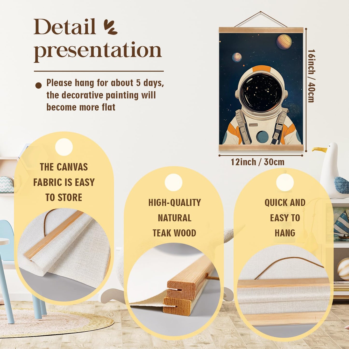 Astronauts and Rockets Poster Wall Art set of 2, Universe Wall Decor Wood Hanger, Spaceship Classroom Decor, Outer Space Planets Poster for Boys and Girls Nursery, Bedroom, Playroom, Toddler Room Decoration (Space travel-02)