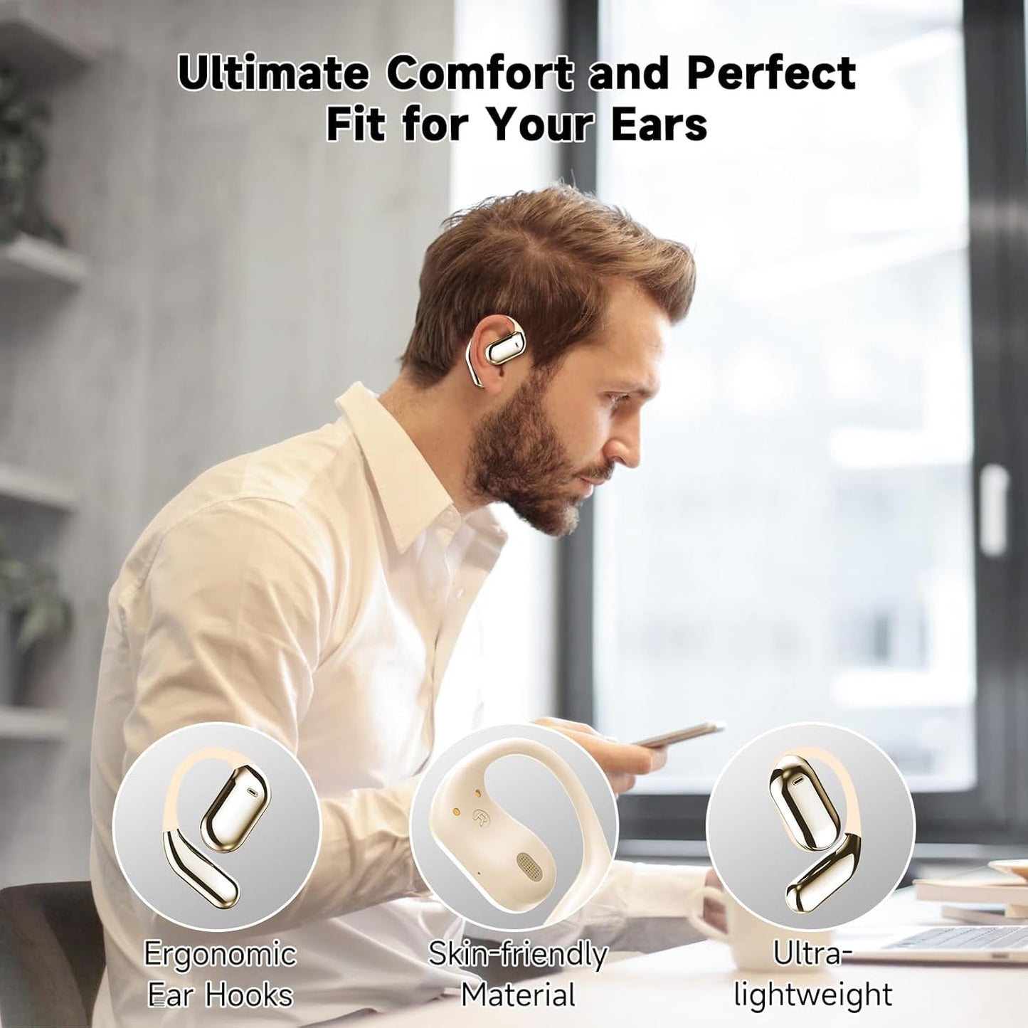 Open Ear Clip Wireless Earbuds Bone Conduction Headphones, Bluetooth 5.4, Open Ear Design, Built-in Mic, IPX7 Waterproof, LED Display Charging Case,Ear Hooks Ear Buds,Design for Running Fitness