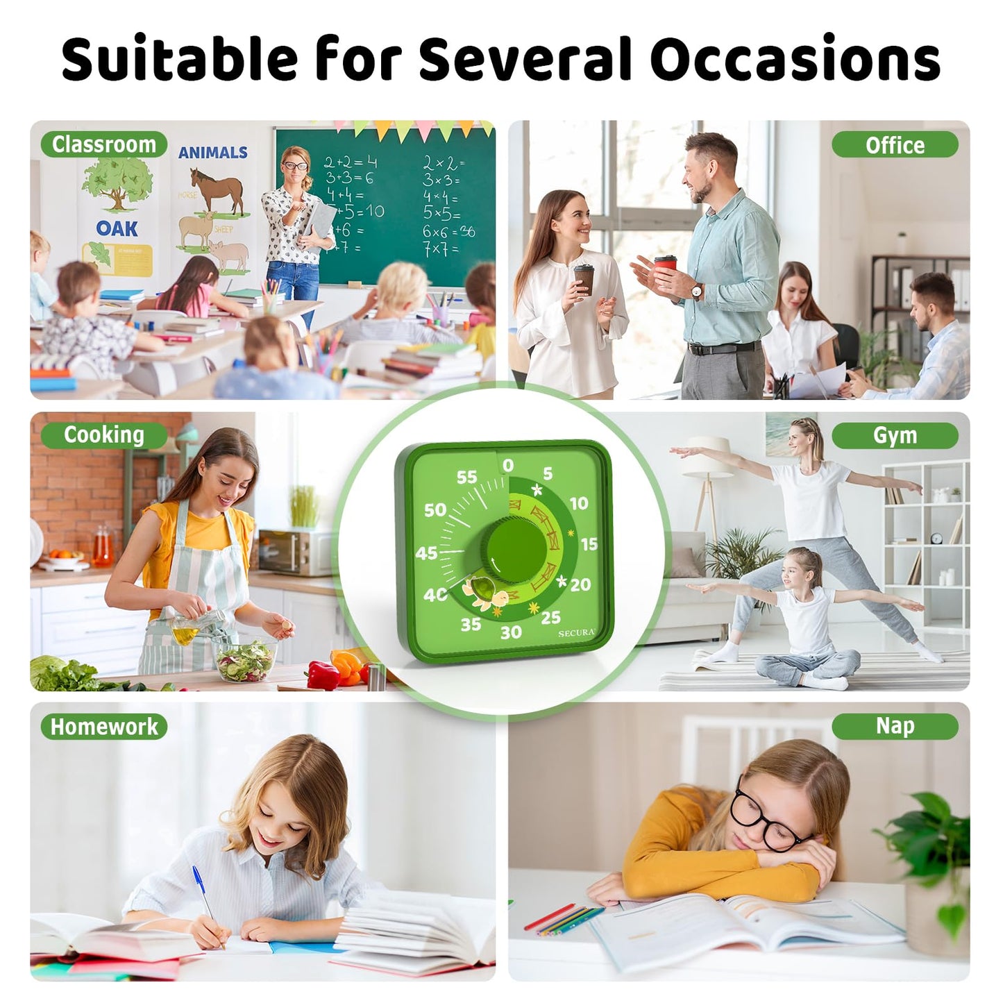 Secura 7.5-Inch Animal Pattern Visual Timer for Kids, 60-Minute Countdown Timer for Classroom or Kitchen, Durable Mechanical Timer Clock with Magnetic Backing (Green)