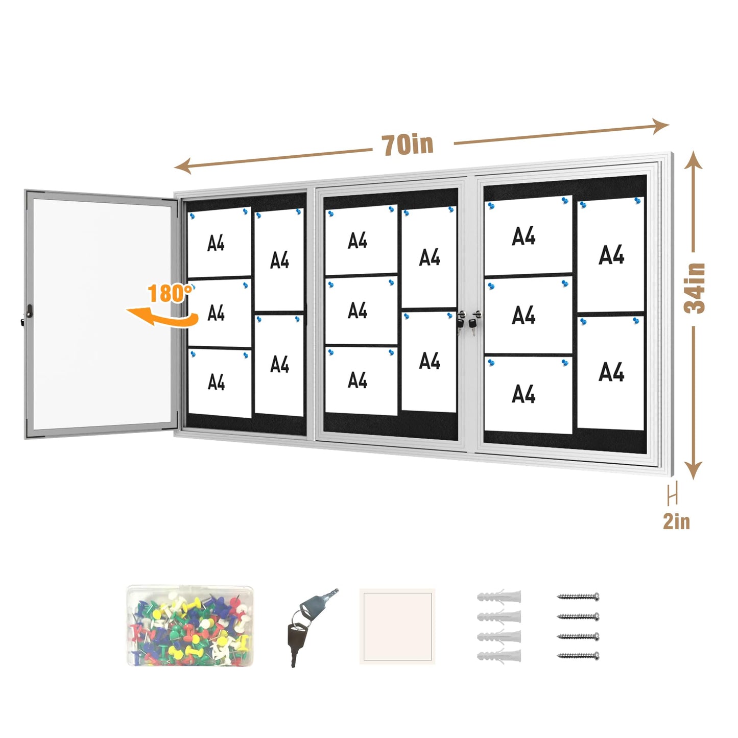 Mifuro 70"x34" Enclosed Bulletin Board, Outdoor Lockable Weather-Resistant Aluminum Cork Noticeboard for School & Office, Silver Frame w/Black Flet