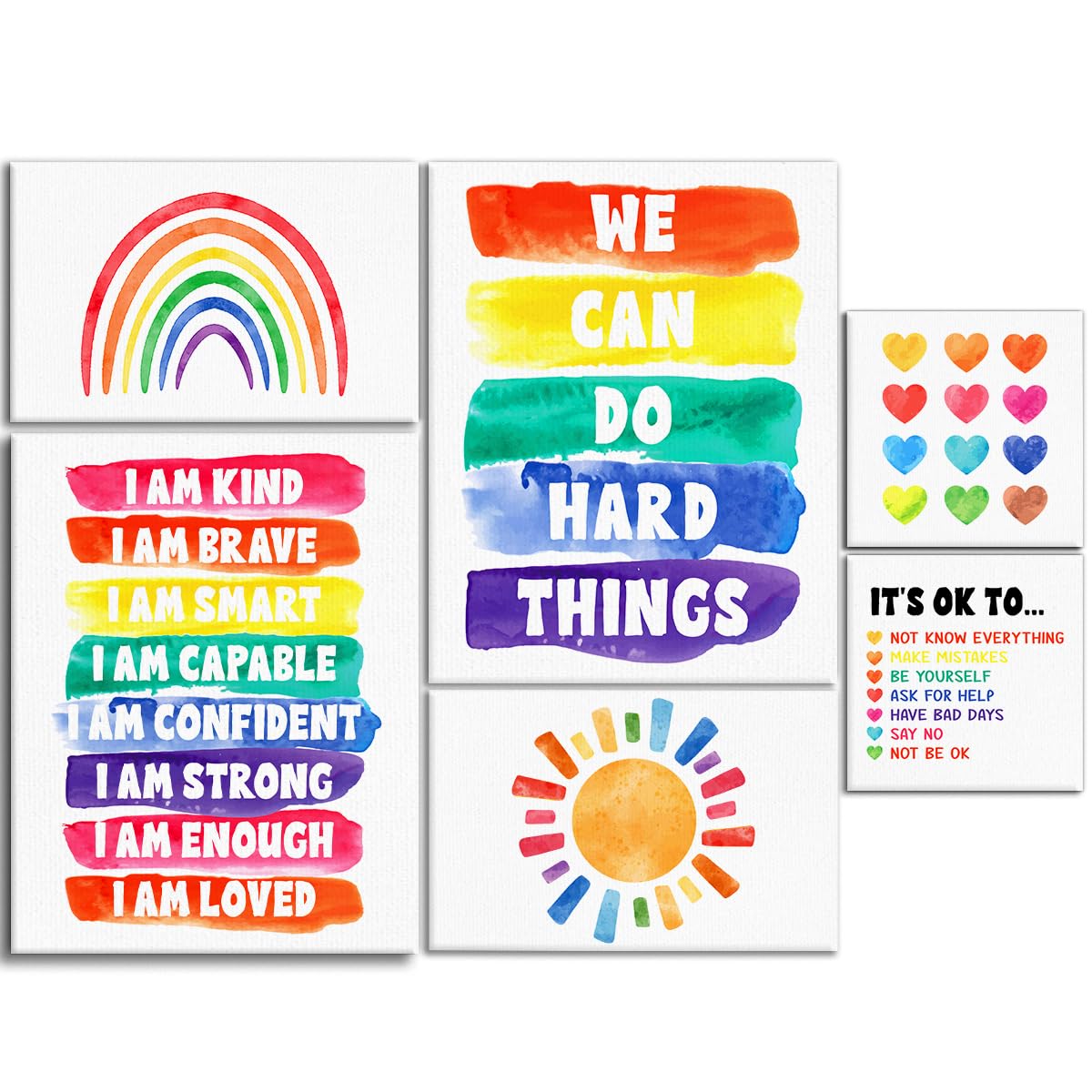 Kids Affirmation Wall Decor,Colourful Positive Daily Affirmations Wall Art Canvas Frame Poster Print for Kids Bedroom Nursery Classroom Playroom Wall Decor,Set of 6