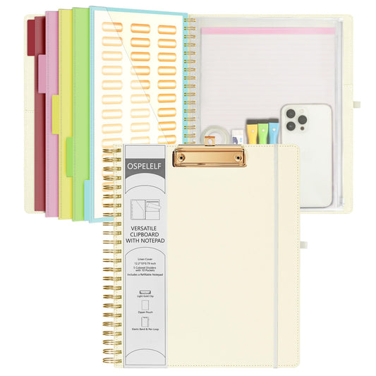 Ospelelf Foldable Spiral Clipboard Folio with Storage Zipper Pouch, 5 Plastic Folders with 10 Pockets, Refillable Lined Notepad (11" x 8.5"), Linen Hardcover Project Organizer (Beige)