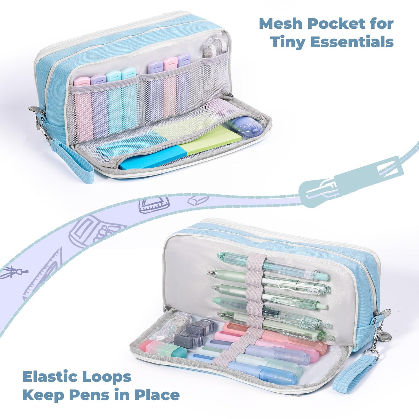 Four Candies Blue Pencil Case 3 Compartment Pouch, Large Pencil Pouch for School, Girls, Teen Boys, Women, Blue, Removable Handle & Zipper, Cute Pencil Bag for Office, College