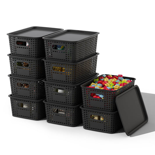 ORGIDOL Plastic Storage Basket with Lids 10 Pack Stackable Black Storage Bins Containers with Lid, Decorative Storage Boxes for Organizing Shelves, Drawers, Playroom, Classroom, Office, Closet