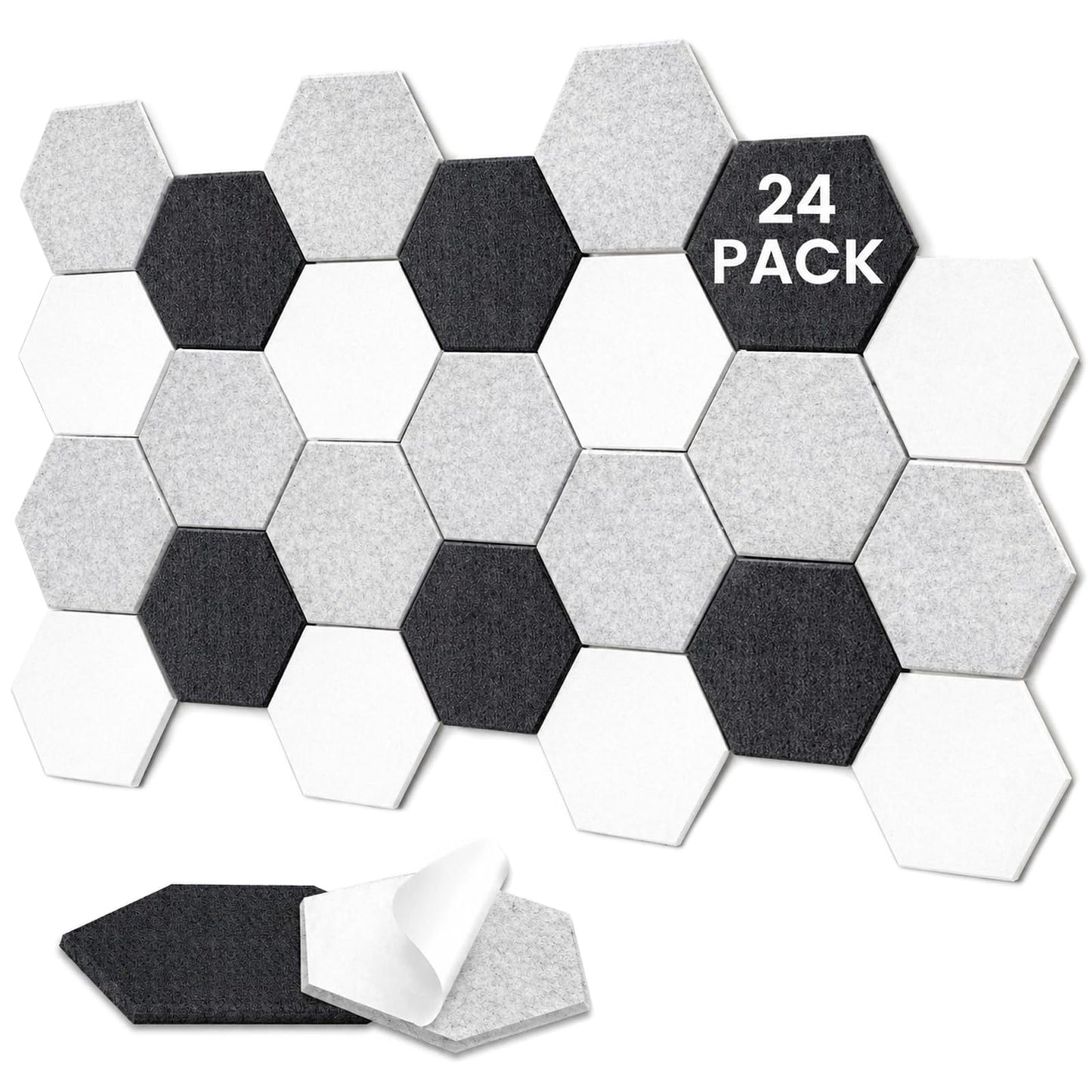 TOMAIX 24 Pack Hexagon Panel, 12"X10"X 0.4"Black, White and Gray Hexagon Self Adhesive Soundproof Wall Panels, High-Density Sound Absorbing Panels, Acoustic Treatment Panels