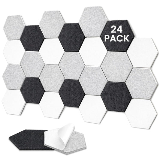 TOMAIX 24 Pack Hexagon Panel, 12"X10"X 0.4"Black, White and Gray Hexagon Self Adhesive Soundproof Wall Panels, High-Density Sound Absorbing Panels, Acoustic Treatment Panels