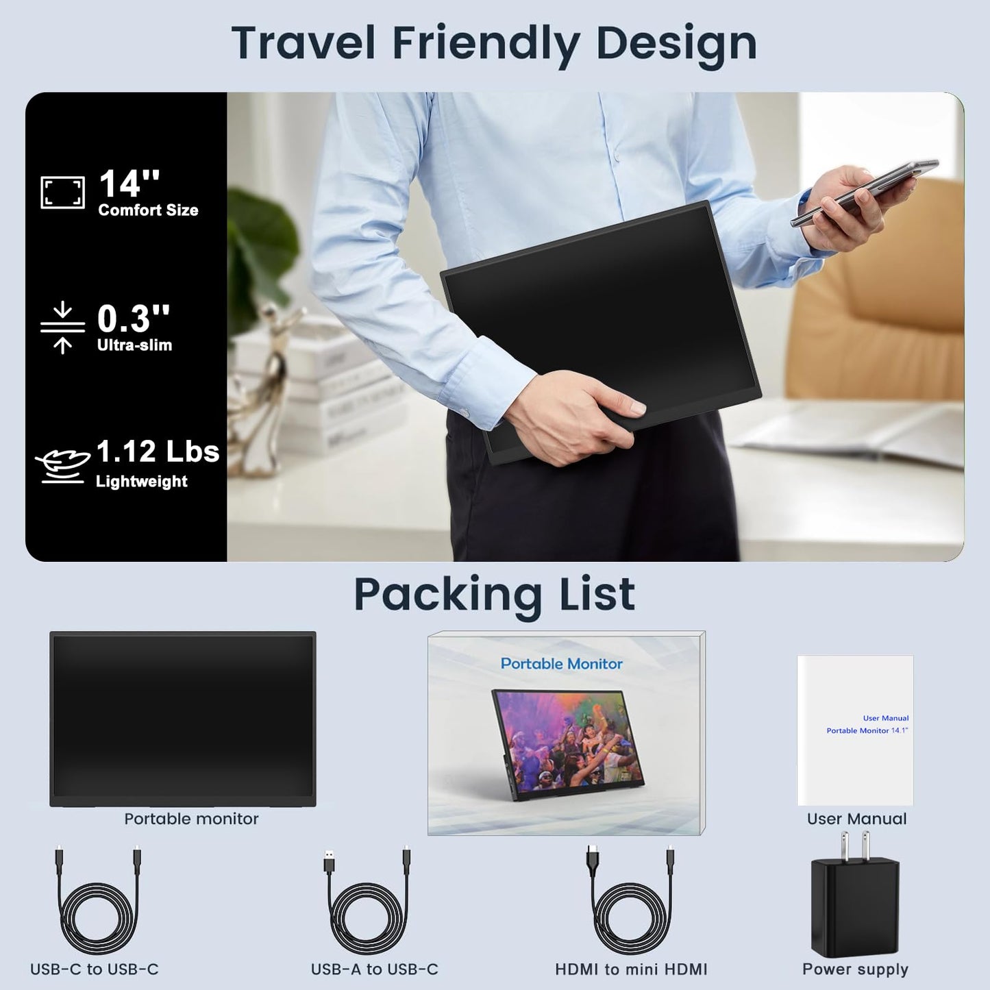 Topmonitor 14" Portable Monitor Touchscreen, 1200P FHD IPS Travel Monitor with Tempered Glass,10-Point Touch, Dual Speakers & Kickstand, USB-C HDMI External Monitor for Laptop MacBook Phone PS5 Switch