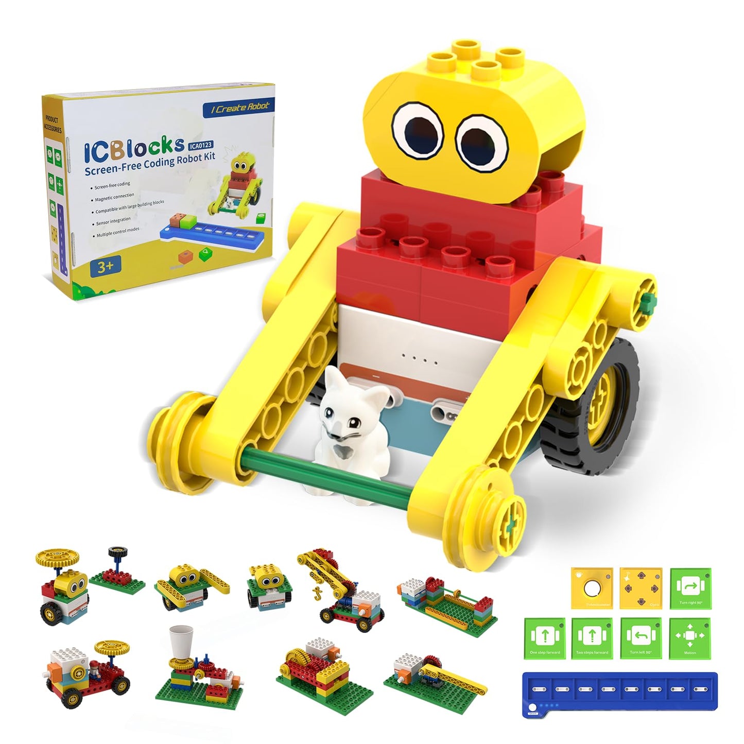 ICreateRobot 10-in-1 ICBlocks Screen-Free Coding Robot Kit for Kids, 85+ PCS Science Kits, Stem Robotics Building, Educational Coding Projects Gifts for Boys & Girls Ages 3-6 Years