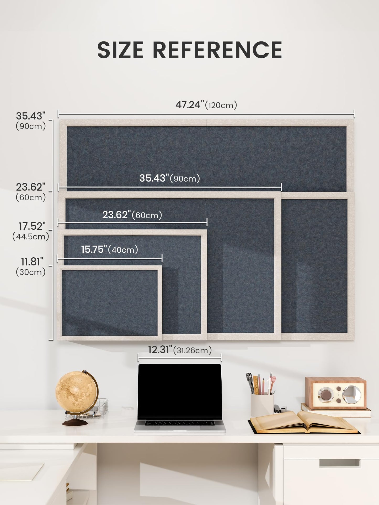 Fluxynara Foldable Cork Board Alternative, Felt Bulletin Board 23.6" x 17.5" Oatmeal Frame with 12 Adhesive Tabs, Pin Board for Home Office, Classroom, Entryway, Kitchen Wall Decor—Navy Blue