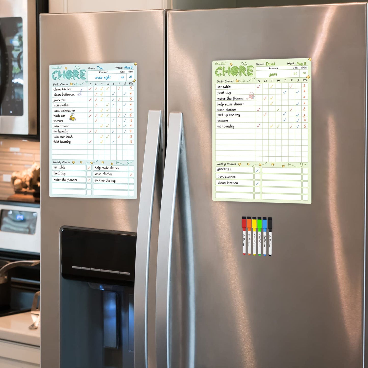 Magnetic Dry Erase Chore Chart - 8.5"x12" Behavior Responsibility Chore Board for Kids, Teenagers - 6 Extra Fine Point Markers Included - Shipped Flat 2 Pcs Blue & Green