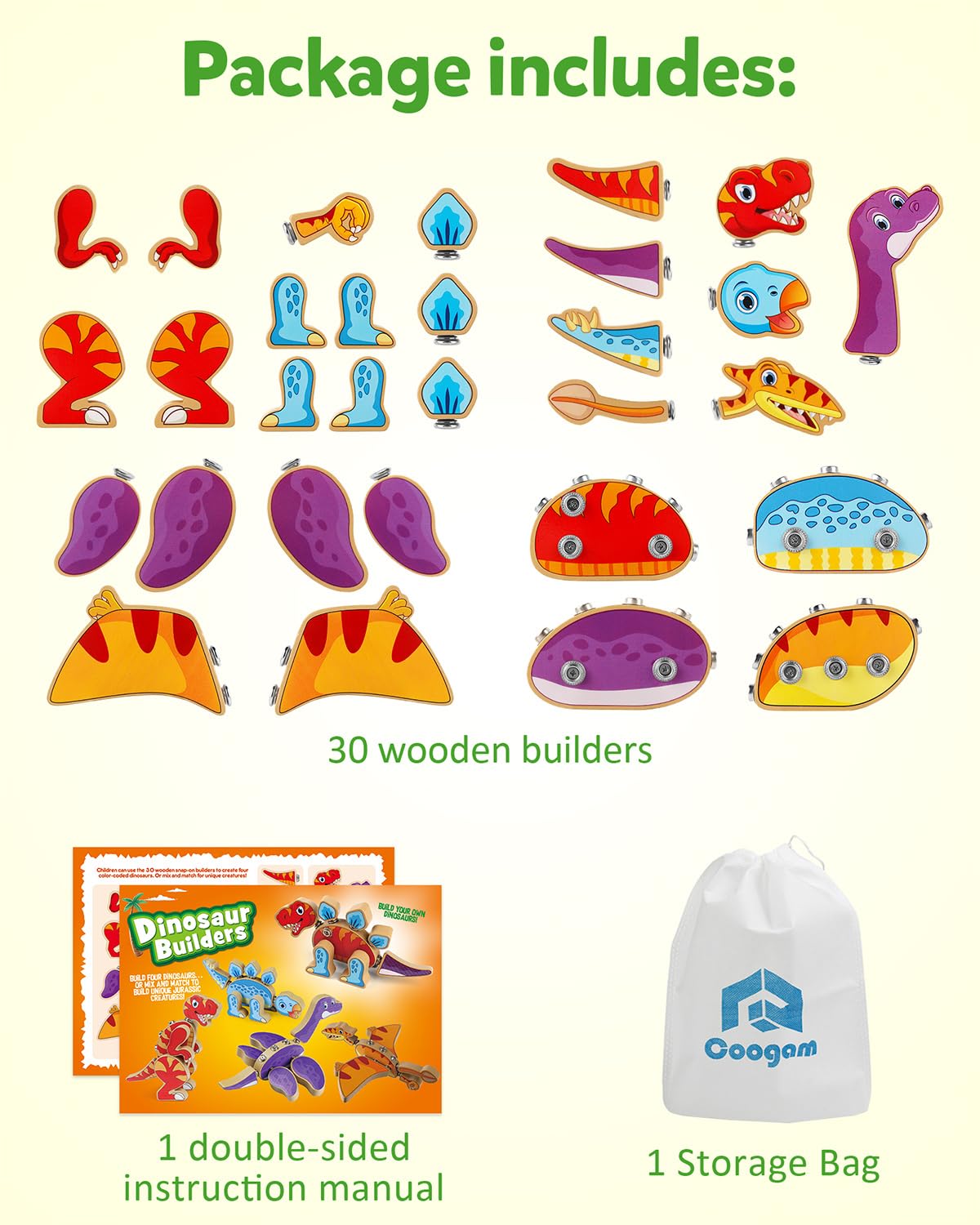 Coogam Dinosaur Snap Together Building Toys, Wooden Take Apart Dinosaur Playset, STEM Montessori Educational Fine Motor Skill Toy Gift for 3 4 5 Years Old Kids