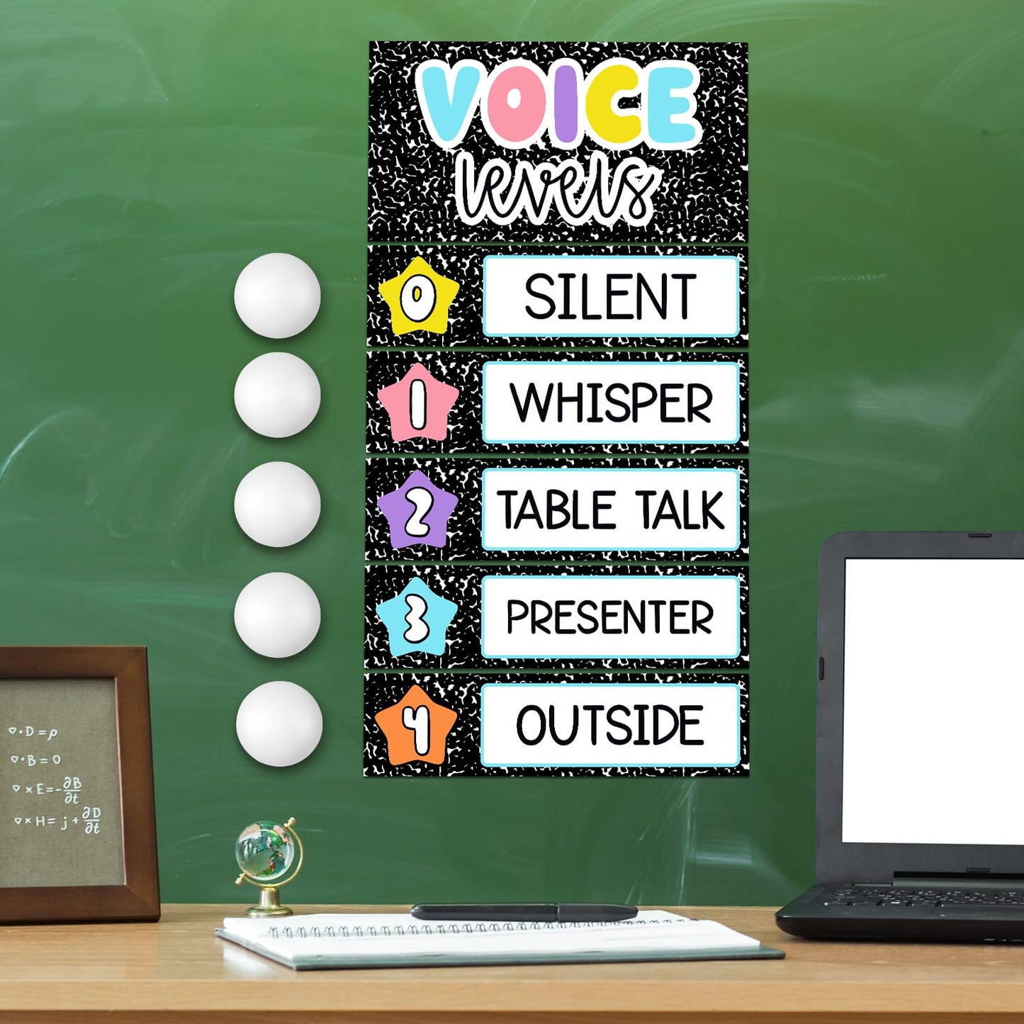 Glooglitter 5 Pcs School Magnetic Voice Level Chart Poster and Push Light Composition Notebook Classroom Decor LED Tap Light Chart Noise Voice Level Sign for Classroom Teacher Back to School Supplies