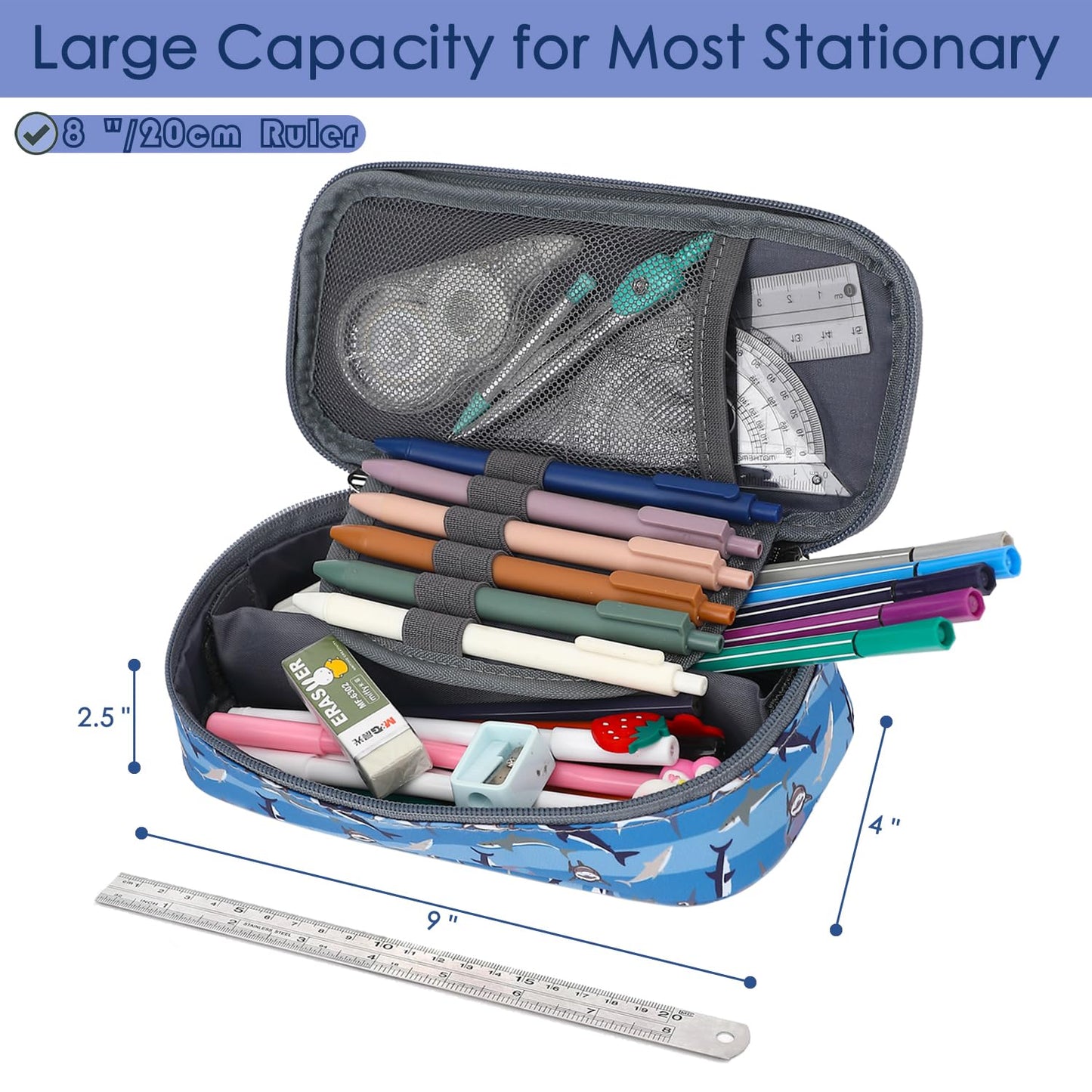 FlowFly Large Capacity Pencil Case for Kids, Boys & Girls – Zippered Multi-Functional Pen Pouch, Soft & Portable Pencil Bag for School, Teens, Students, Shark