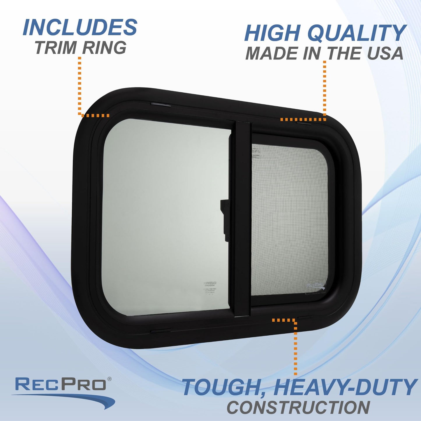 RecPro RV Window Replacement - Teardrop Style, Horizontal Sliding, 21inW x 14inH, Black, Model RP-WIN, Made in USA