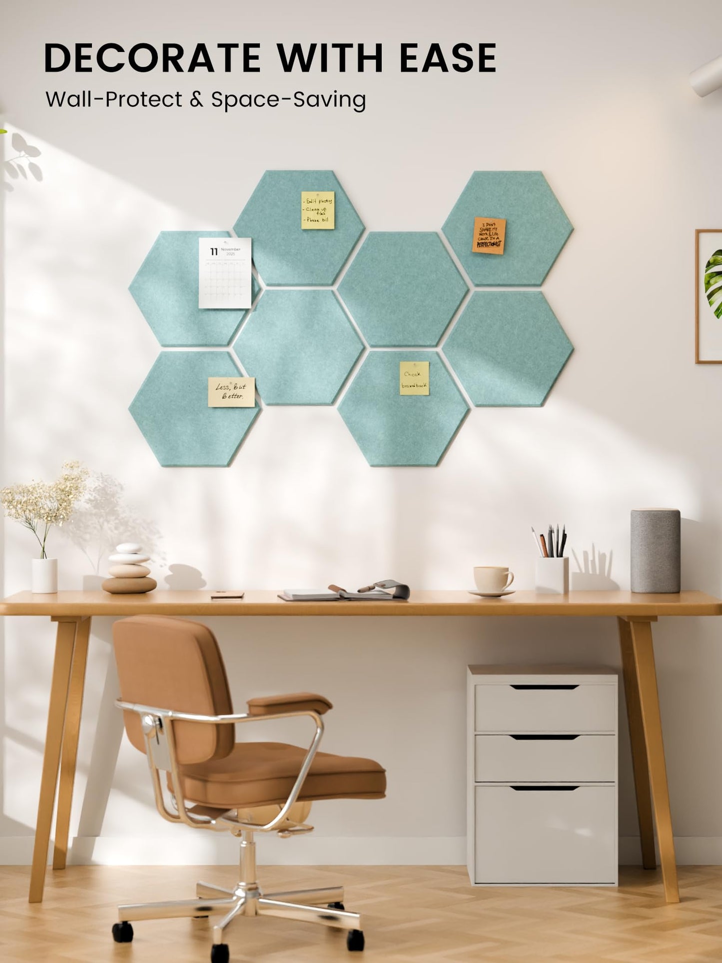 Fluxynara Hexagon Cork Board Alternative for Walls Decor-8-Pack Felt Bulletin Board Tiles,with 30 Pushpins,50 Adhesive Tabs for Office,Classrooms & Home Pin Board Felt Board-Teal Blue