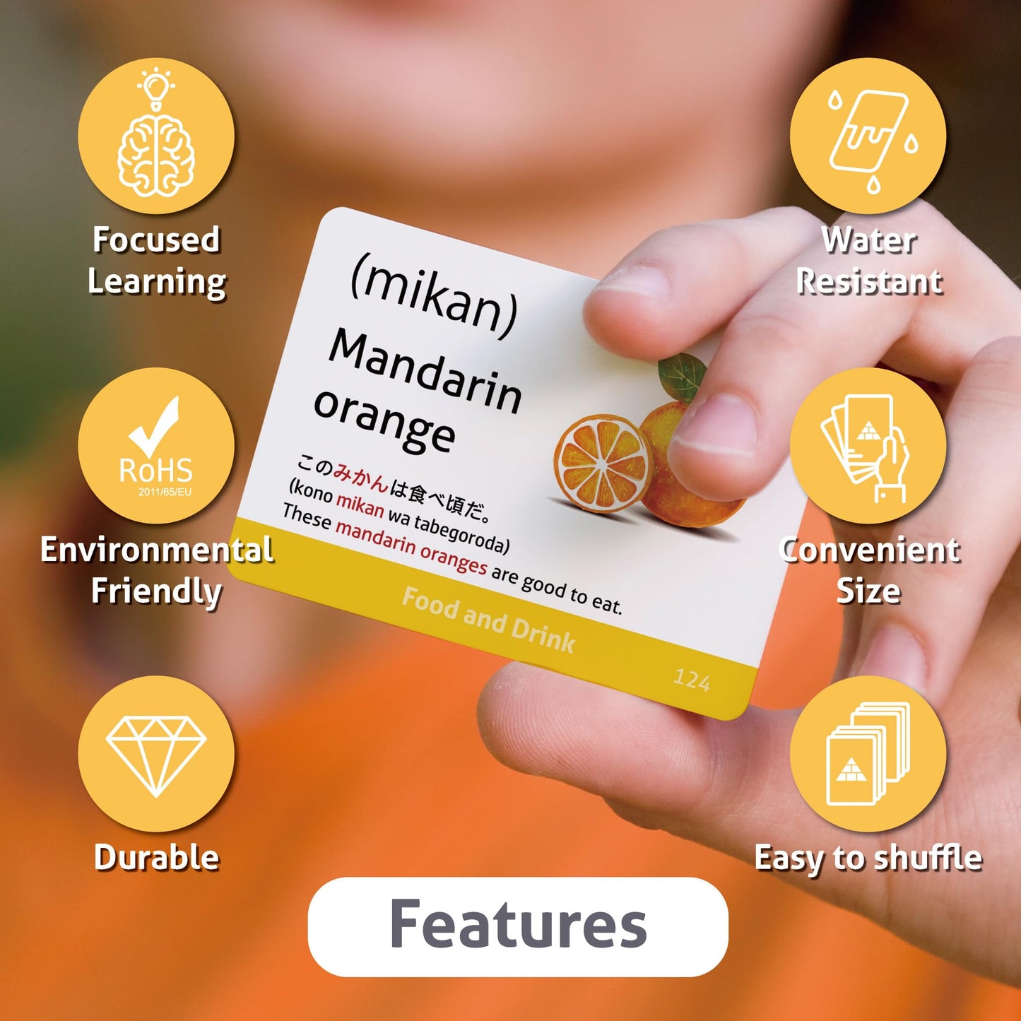 Japanese Vocabulary Flash Cards for Beginners (with Illustrations and Example Sentences), Standard Playing Card Size, Sturdy, Water Resistant
