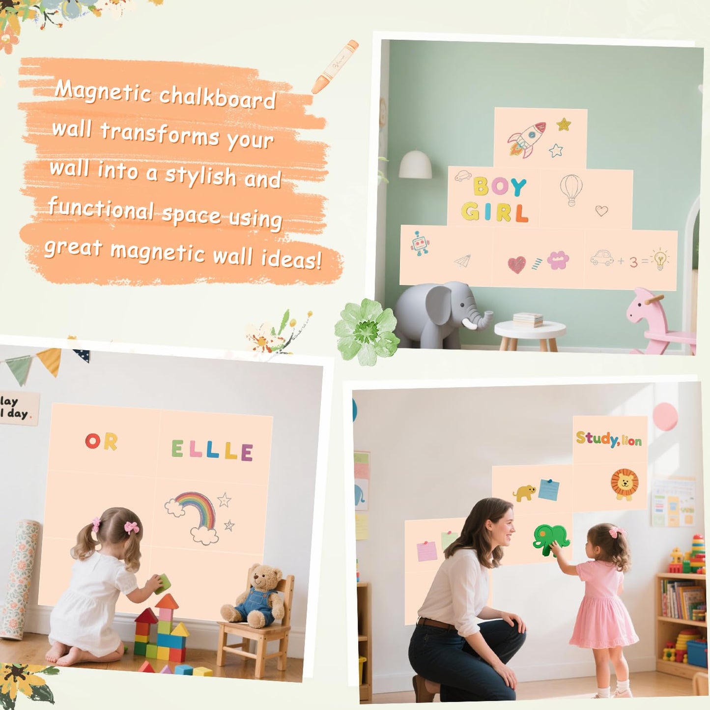 OMKSIH Magnetic Chalkboard Wall Decal Milk Tea Set of 6 Peel and Stick Magnet Sheets with Chalk Tangram Puzzle and Multiple Accessories Magnetic Chalk Board for Home Playroom and Classroom